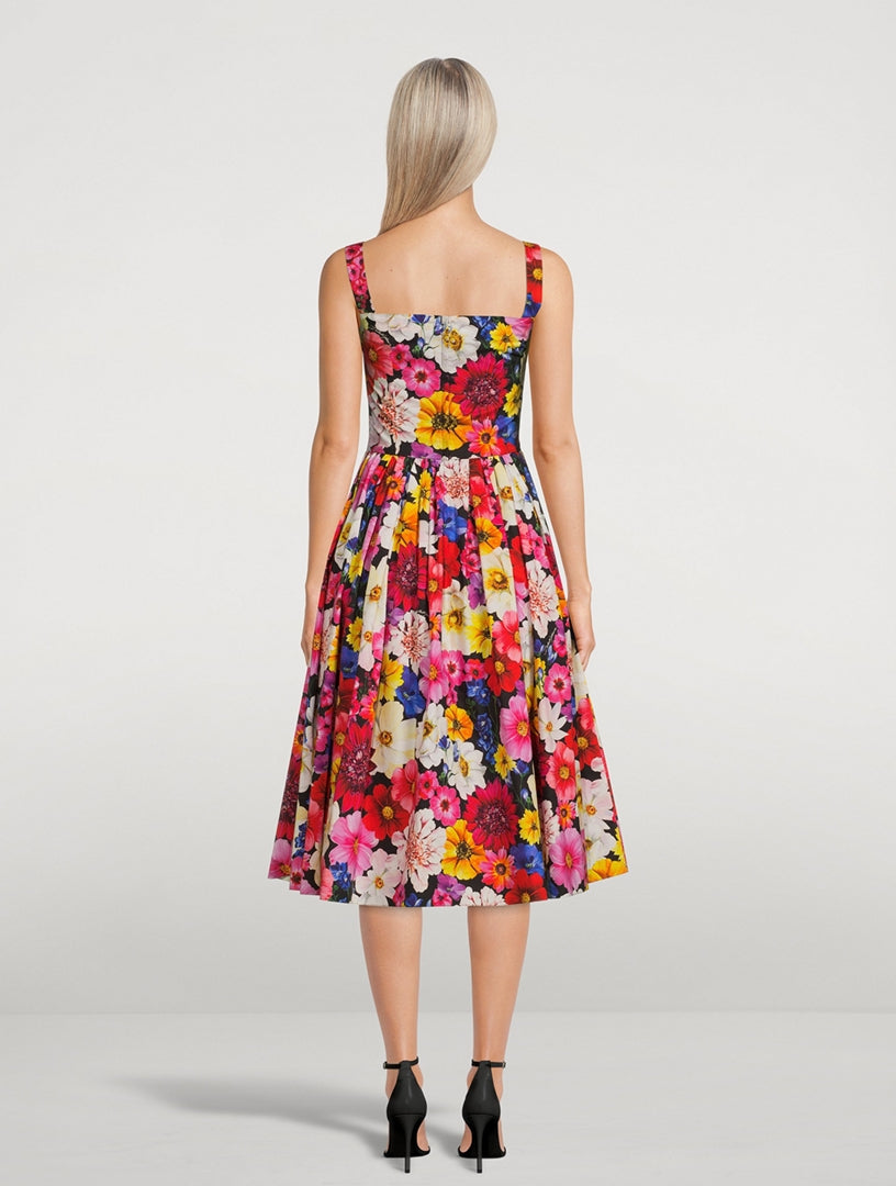 Stylish Cotton Poplin Midi Dress with Floral Garden Print - Perfect for Spring Outings & Summer Parties