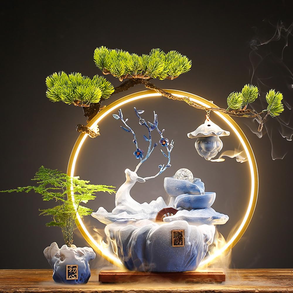 Deer Tabletop Water Fountain with LED Mist Light & Backflow Incense - Japanese Zen Decor for Home, Office, Living Room, Bedroom - Perfect for Meditation, Relaxation & Stress Relief (Blue)