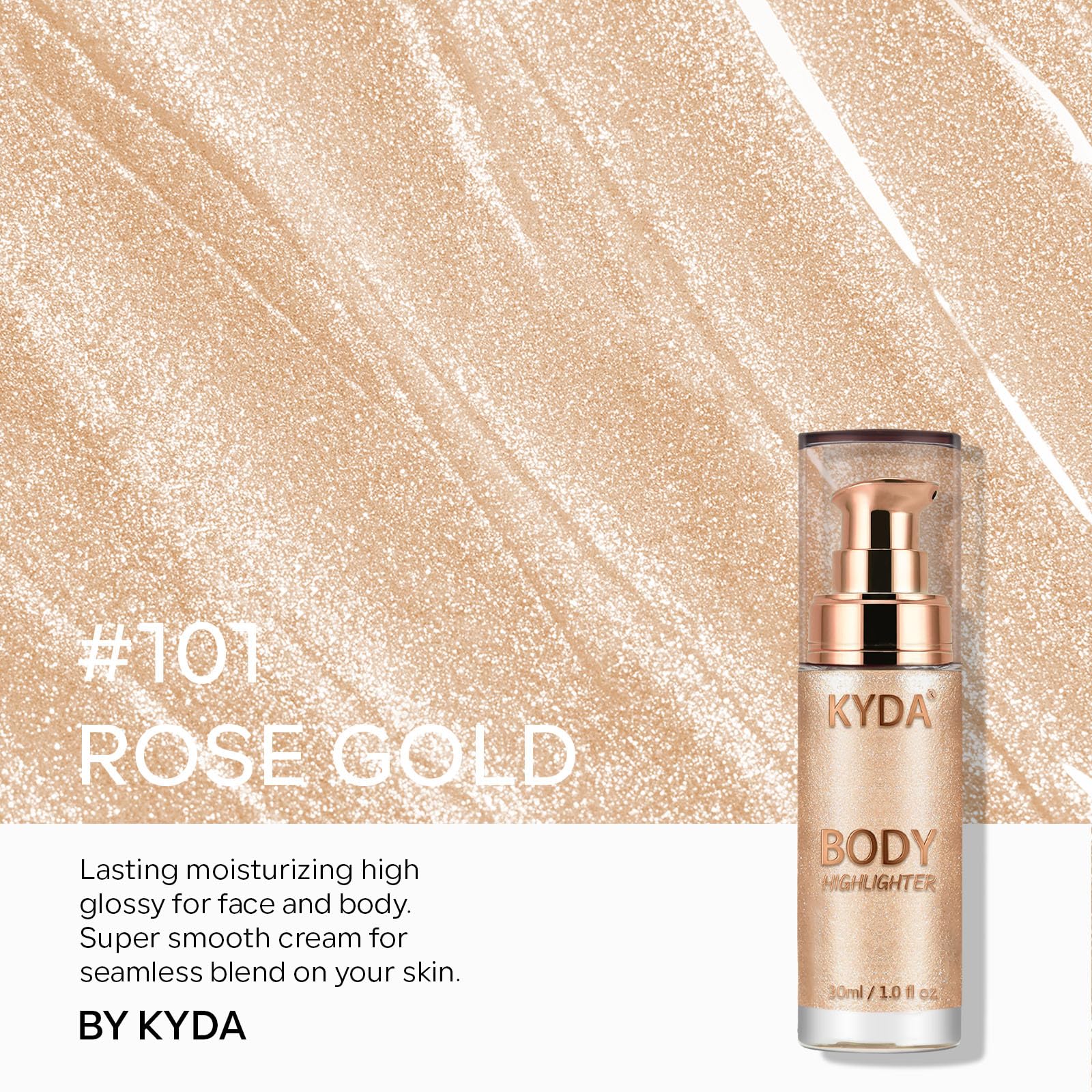 KYDA Waterproof Body Luminizer & Face Highlighter - Moisturizing Glow Illuminator for Radiant Skin, 1 Fl.Oz Rose Gold | Perfect for Parties, Weddings & Beach Vacations