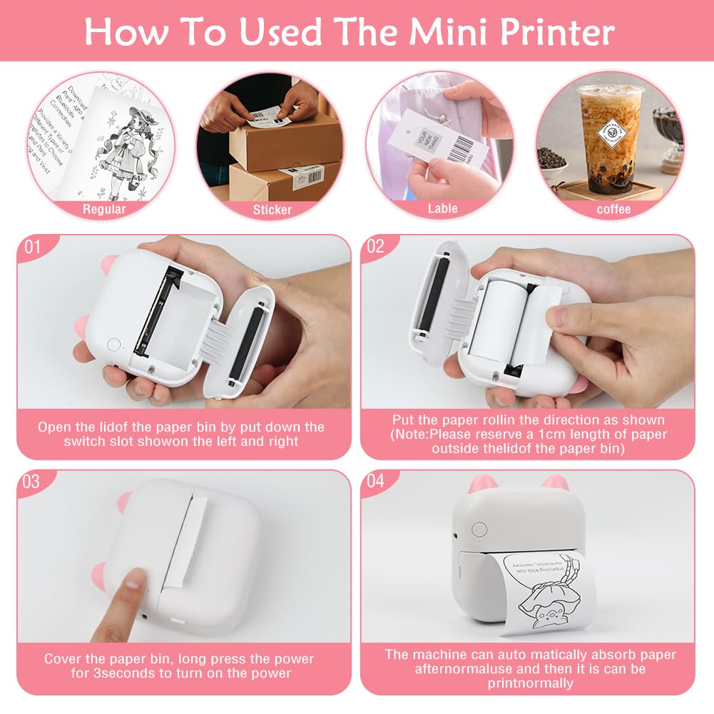 Mini Portable Wireless Thermal Printer - Inkless Sticker Printer for Phone with 10 Roll Papers | Cute Pink Printer for Scrapbooking, Note Taking & DIY Projects | Perfect Gift for Students, Artists & Craft Lovers | Home, Office & School Use