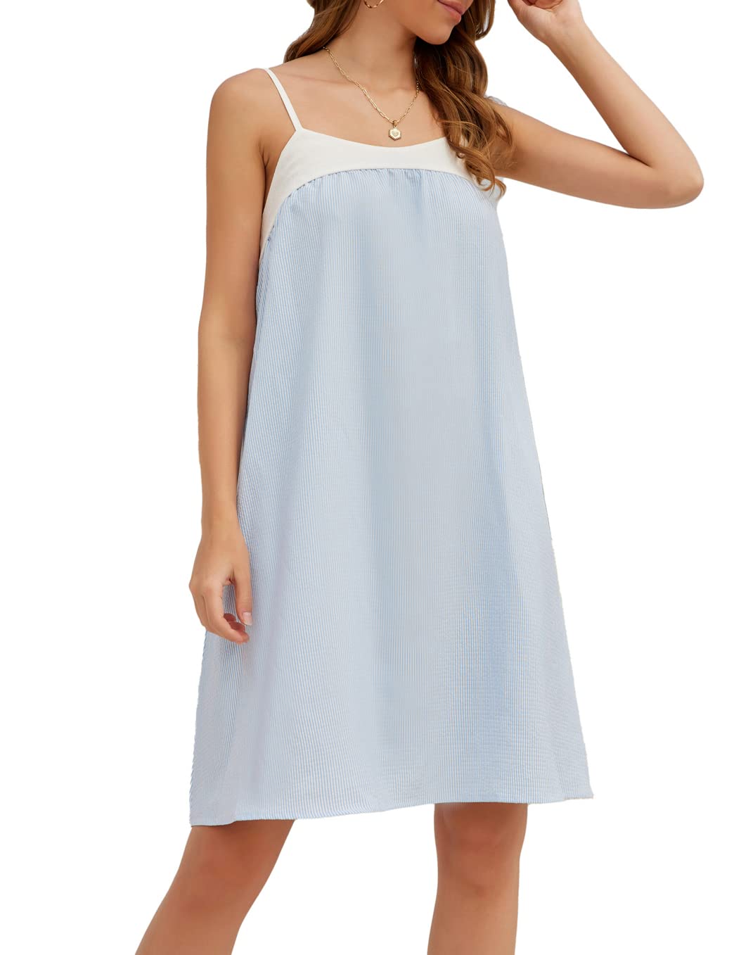 LIUMILAC Women's Summer Spaghetti Strap Mini Dress - Striped Loose Cami Cover Up Dress for Beach, Vacation & Casual Outings