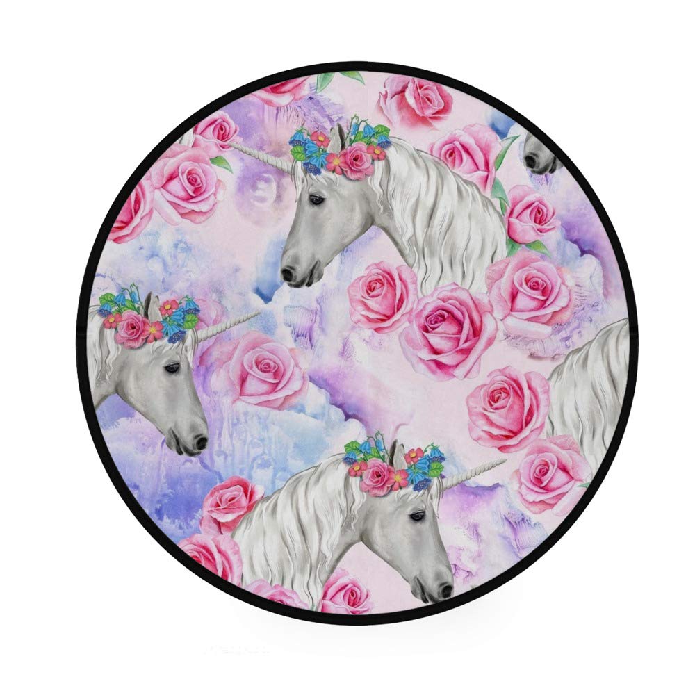 Unicorn Roses Watercolor Round Area Rug - Soft Polyester Non-Slip Floor Mat for Living Room, Bedroom & Kids Play Area - 3 Feet Diameter Yoga Mat | Perfect for Nursery Decor, Playroom Flooring & Home Yoga Practice