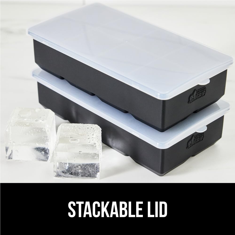 GORILLA GRIP Large Silicone Ice Cube Tray for Freezer - 2 Pack Stackable with Lid, Easy Release Mold for 8 Giant Square Slow-Melting Ice Cubes - Perfect for Whiskey, Iced Coffee & Cocktails - Essential Bar & Kitchen Accessory (Black)