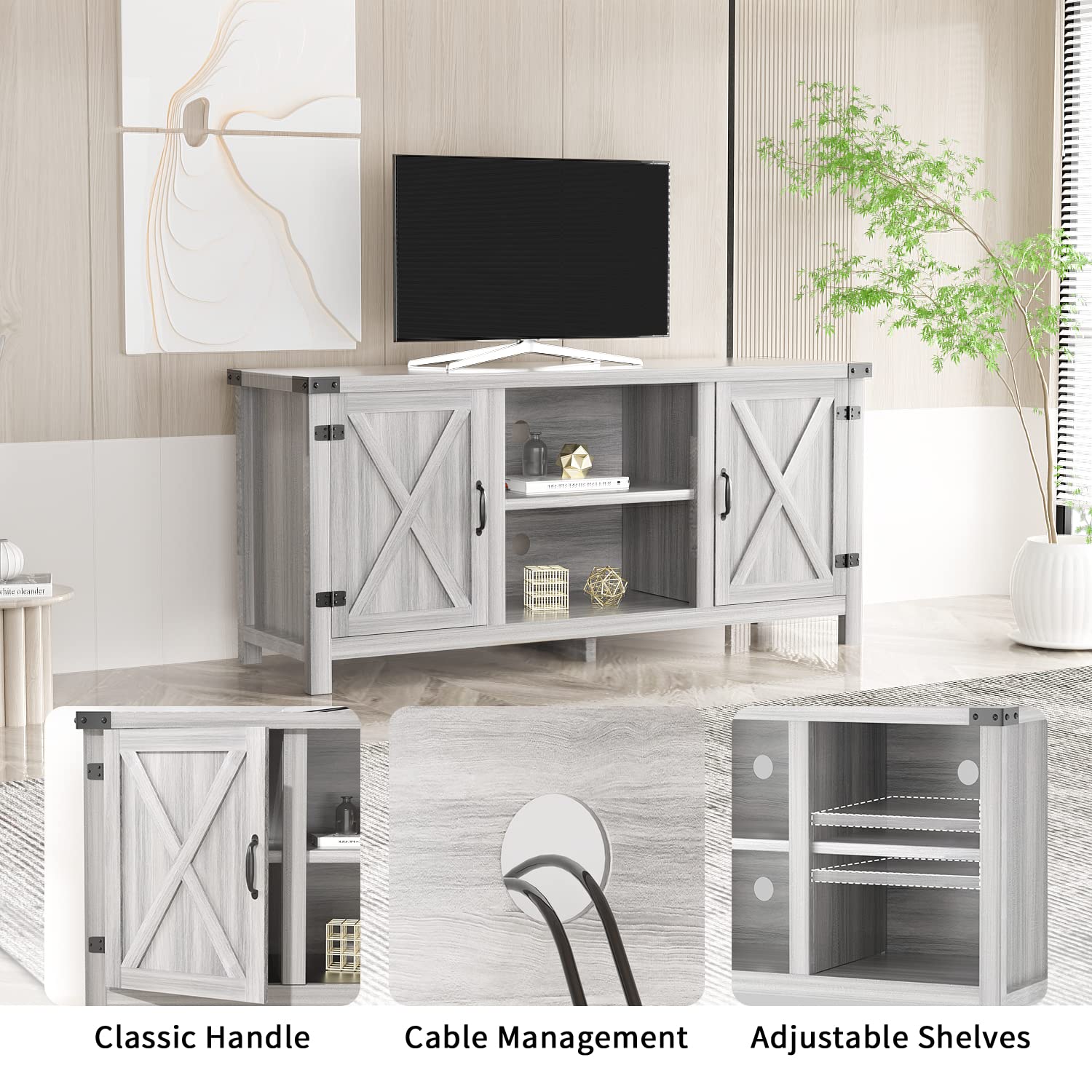 JUMMICO 65 Inch TV Stand - Farmhouse Style Entertainment Center with Double Barn Doors & Storage Cabinets, Media Console Table for Living Room & Bedroom (Grey) - Perfect for Rustic Home Decor & TV Organization