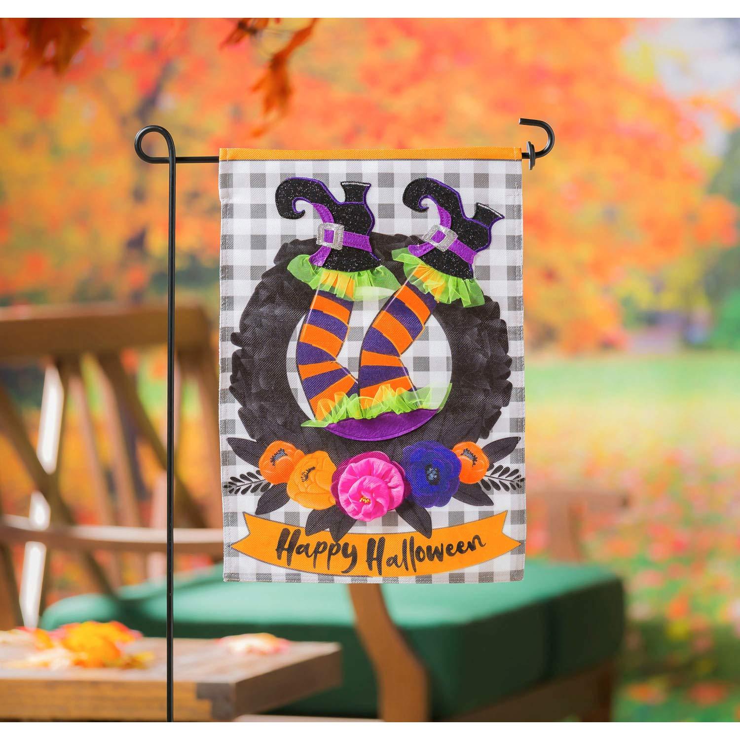 Evergreen Witch Wreath Burlap Garden Flag - Perfect for Halloween Porch Decor & Fall Outdoor Decorations