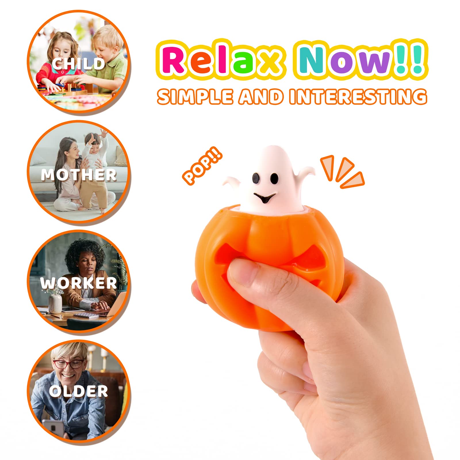 12 Pack Halloween Pumpkin Stress Relief Toys - Squeeze Sensory Fidget Balls for Kids, Ghost Party Favors & Gifts for Boys & Girls - Perfect for Halloween Parties, Classroom Prizes & Anxiety Relief