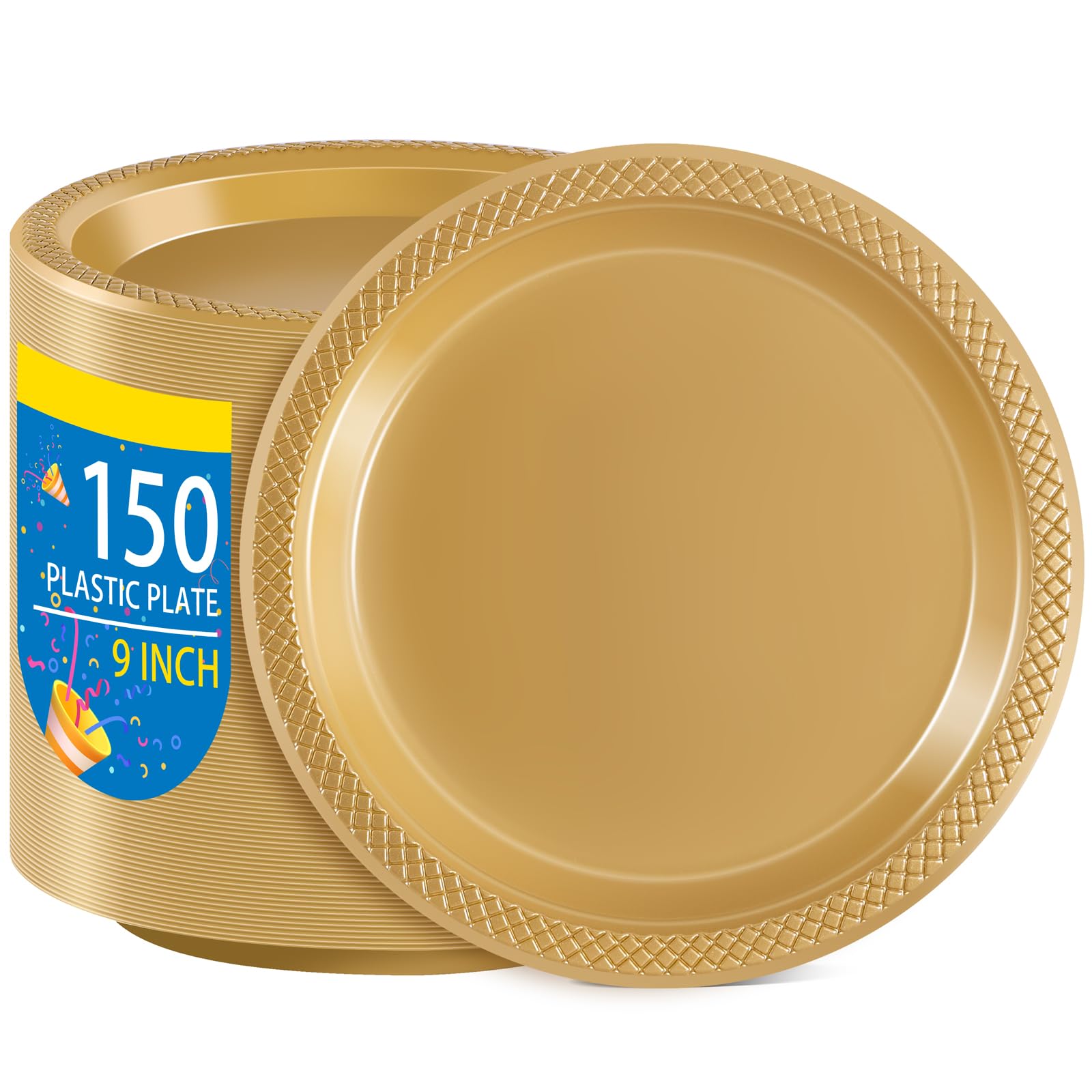 WELLIFE Gold Disposable Plastic Plates 9 Inch - 150 Count, Elegant Dinner Plates for Party, Wedding, Birthday, Engagement, Baby Shower & Special Events - Perfect for Desserts, Cakes & Catering