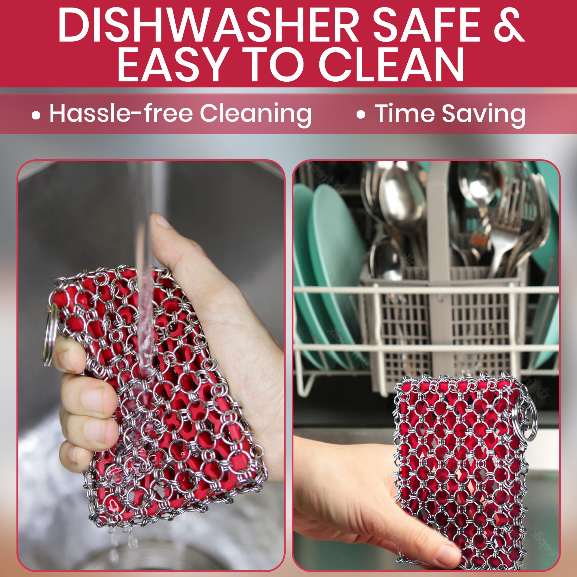 316 Stainless Steel Cast Iron Scrubber Kit with Pan Scraper & Silicone Sponge - Heavy Duty Chainmail Skillet Cleaner for Cast Iron Pans - Dishwasher Safe - Perfect for Camping, Outdoor Cooking & Kitchen Cleaning