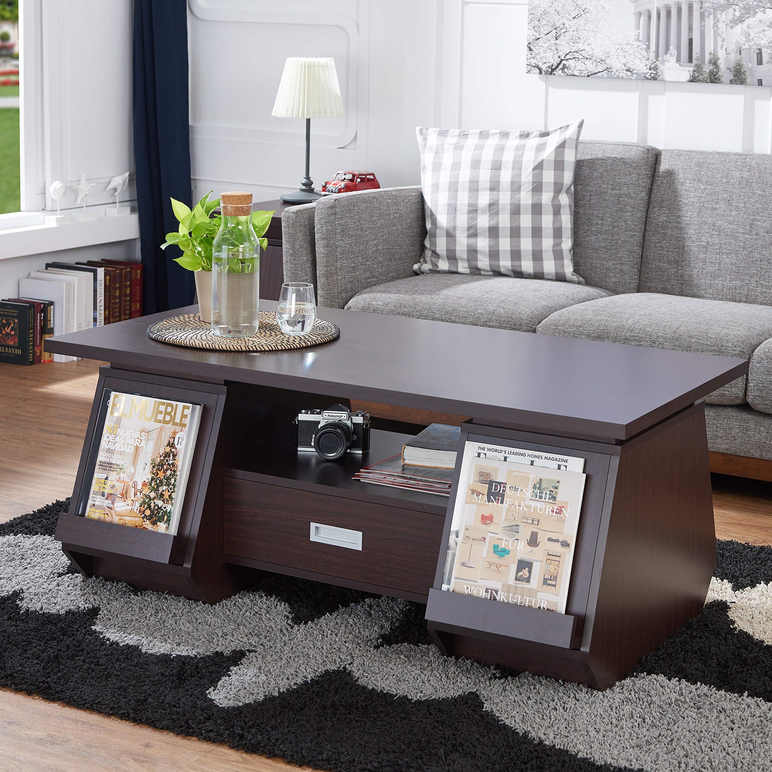Modern Walnut Finish 1-Drawer Coffee Table - Brown Rectangle MDF Wood Veneer with Hardware Shelf | Perfect for Living Room, Lounge & Small Space Decor