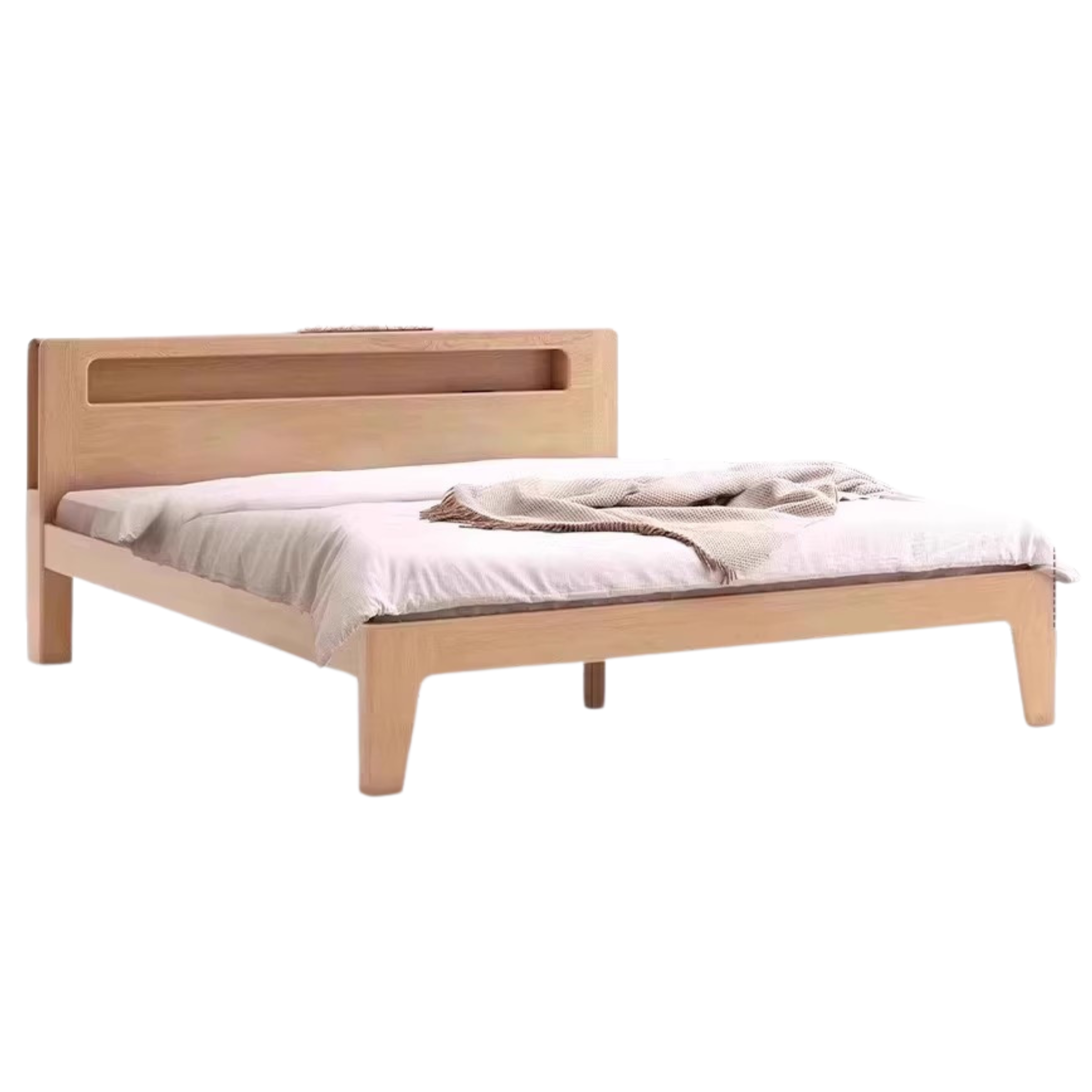 Solid Oak and Beech Wood Bed with Built-in LED Lights and Bookshelf - Modern Bedroom Furniture for Small Spaces, Lofts, and Studio Apartments