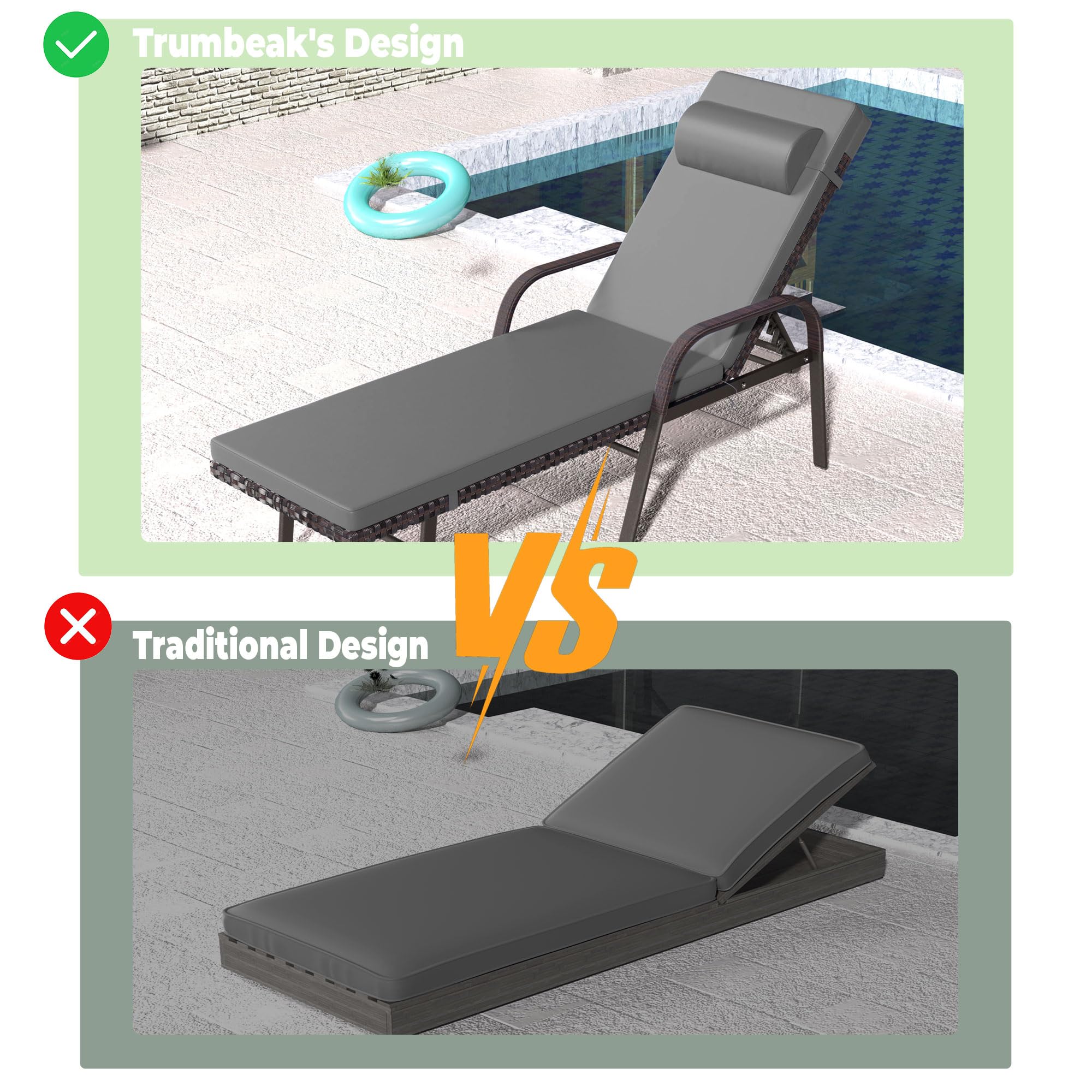 3-Piece Patio Chaise Lounge Set with Cushions - Adjustable Rattan Backrest & Folding Table - Outdoor Poolside Chairs for Porch, Backyard, Beach - Grey (Perfect for Relaxing by the Pool or Garden)
