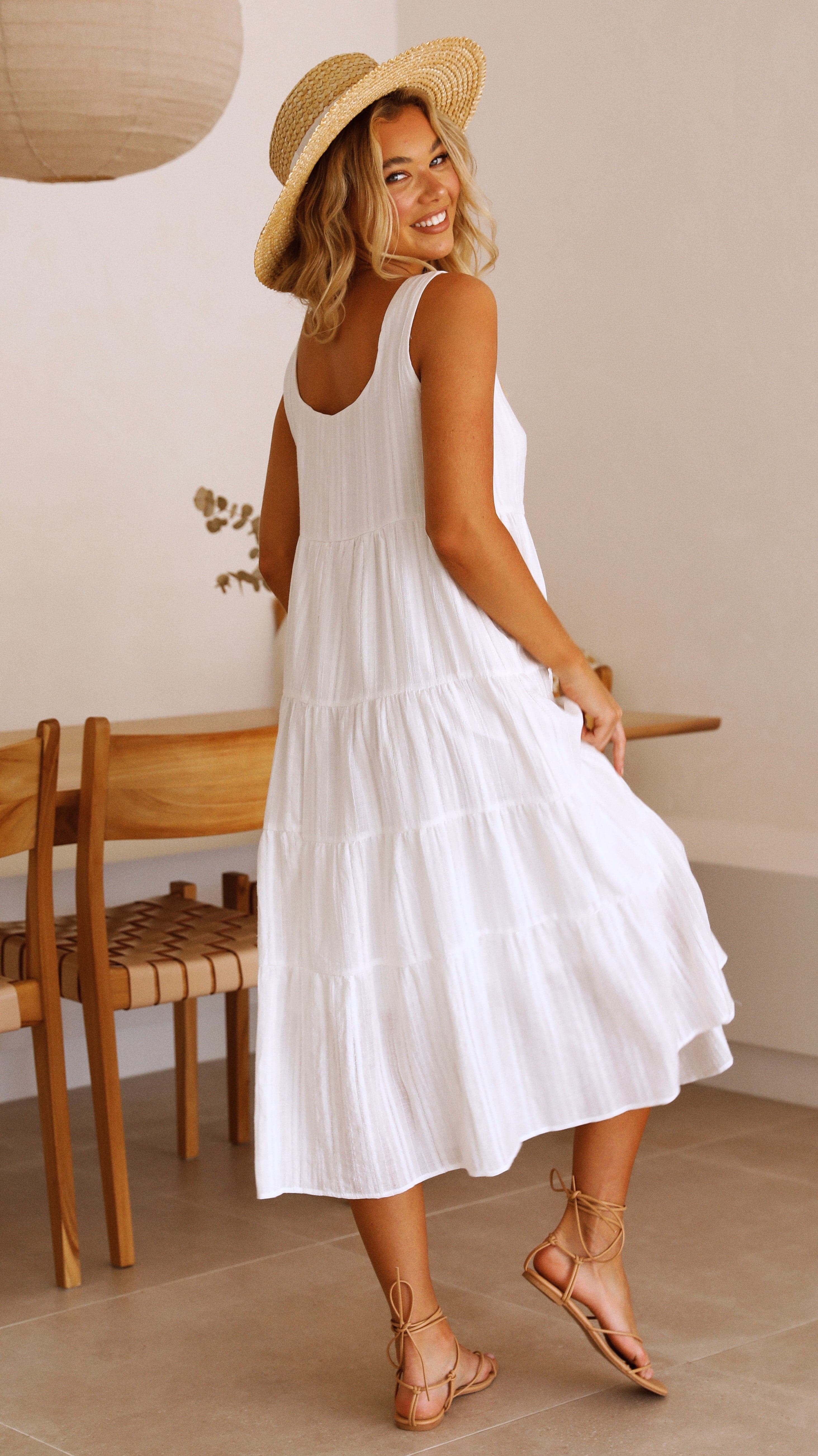 Liza Midi Dress for Women - Elegant White Summer Dress for Casual Wear, Office & Date Night