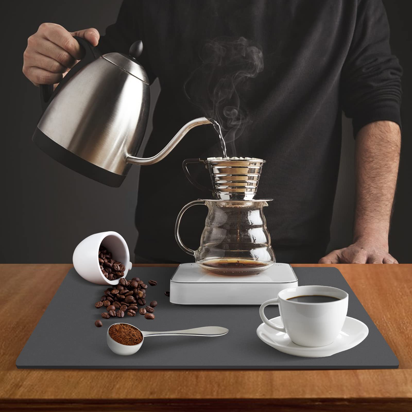ZLR Coffee Mat - 12x16 Absorbent Kitchen Drying Mat for Dishes & Countertops - Easy Clean for Coffee Bars & Espresso Machines - Gray