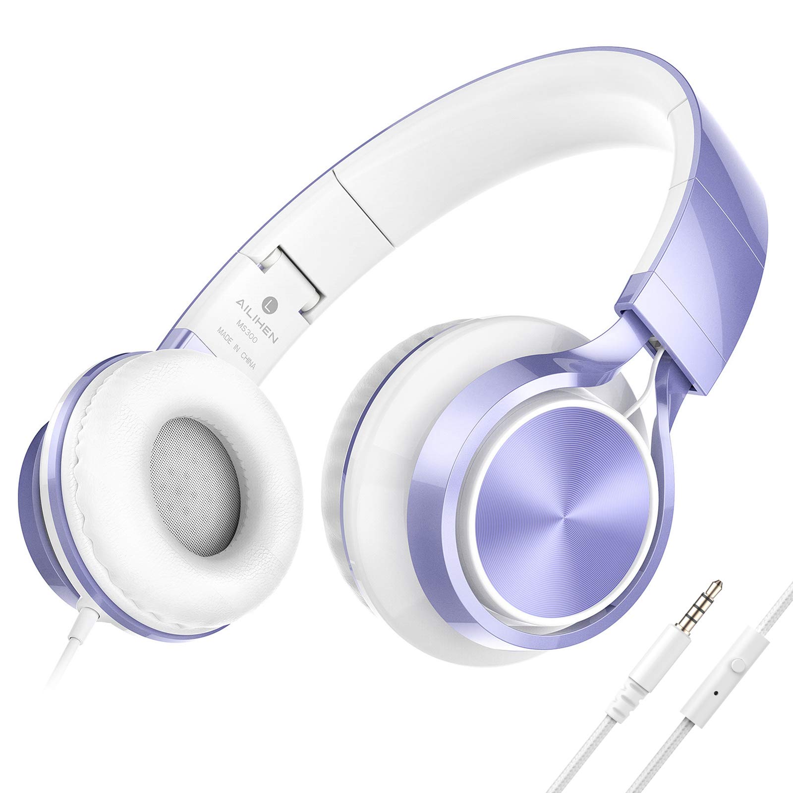 Ailihen MS300 Wired Headphones with Microphone - 3.5mm Jack Foldable Lightweight Headset for Chromebook, Laptop, Computer & Smartphone - Perfect for Online Classes, Gaming & Music (Violet)