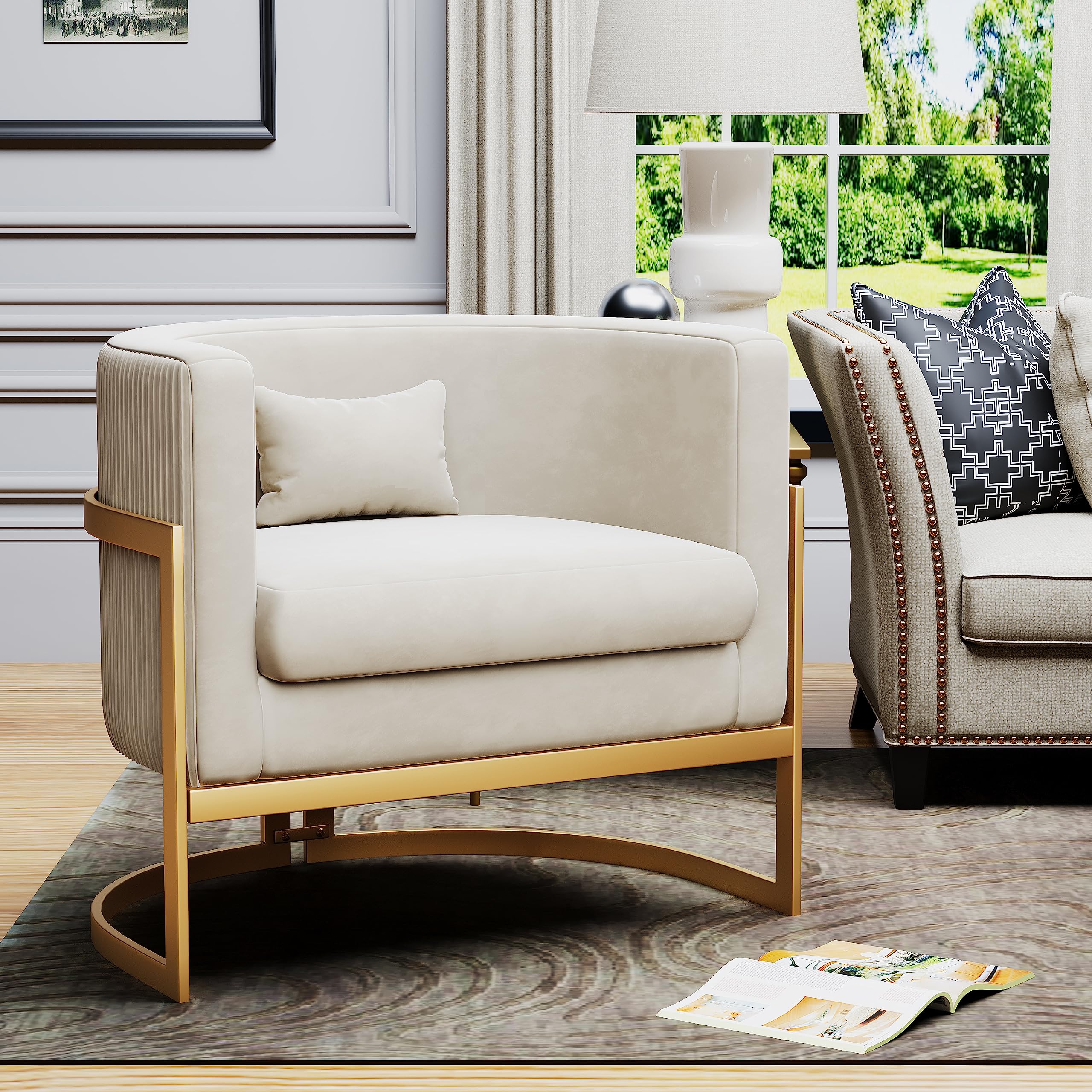 Velvet Accent Chair with Gold Legs - Modern Upholstered Barrel Armchair for Living Room, Bedroom & Office - Soft Club Side Chair in Ivory for Relaxing & Home Decor