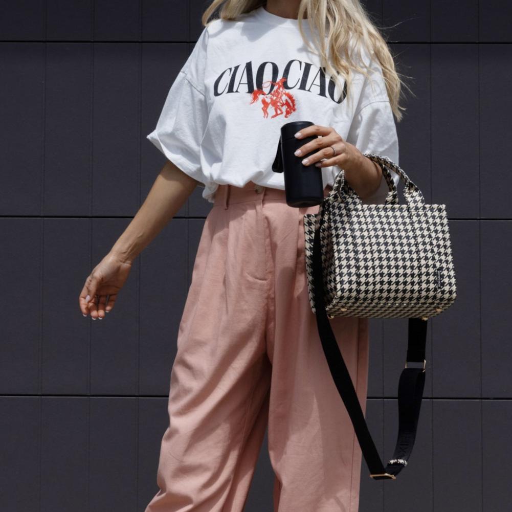 Micro Bon Vivant Structured Tote Bag - Black Houndstooth Pattern Handbag for Women | Stylish Work Bag, Travel Tote & Everyday Purse for Office, Shopping & Commute