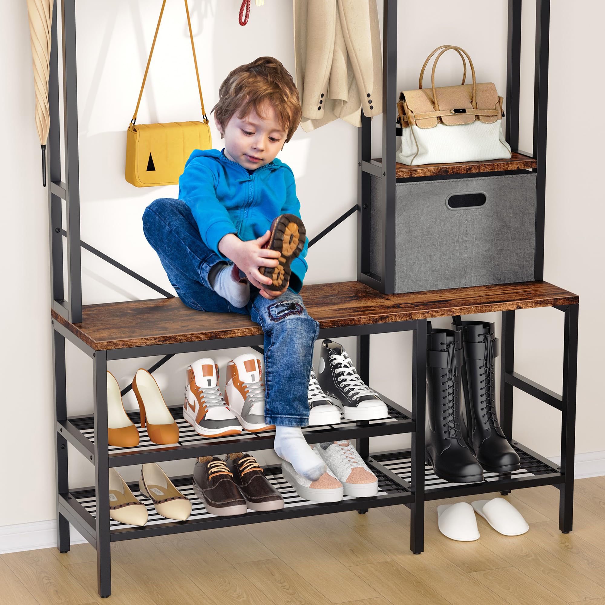 Shintenchi 5-in-1 Modern Hall Tree Coat Rack with LED Lights, Bench Shoe Storage & Removable Hooks - Entryway Organizer with Storage Basket for Hallway, Bedroom or Living Room (Brown) - Perfect for Small Spaces & Home Decor