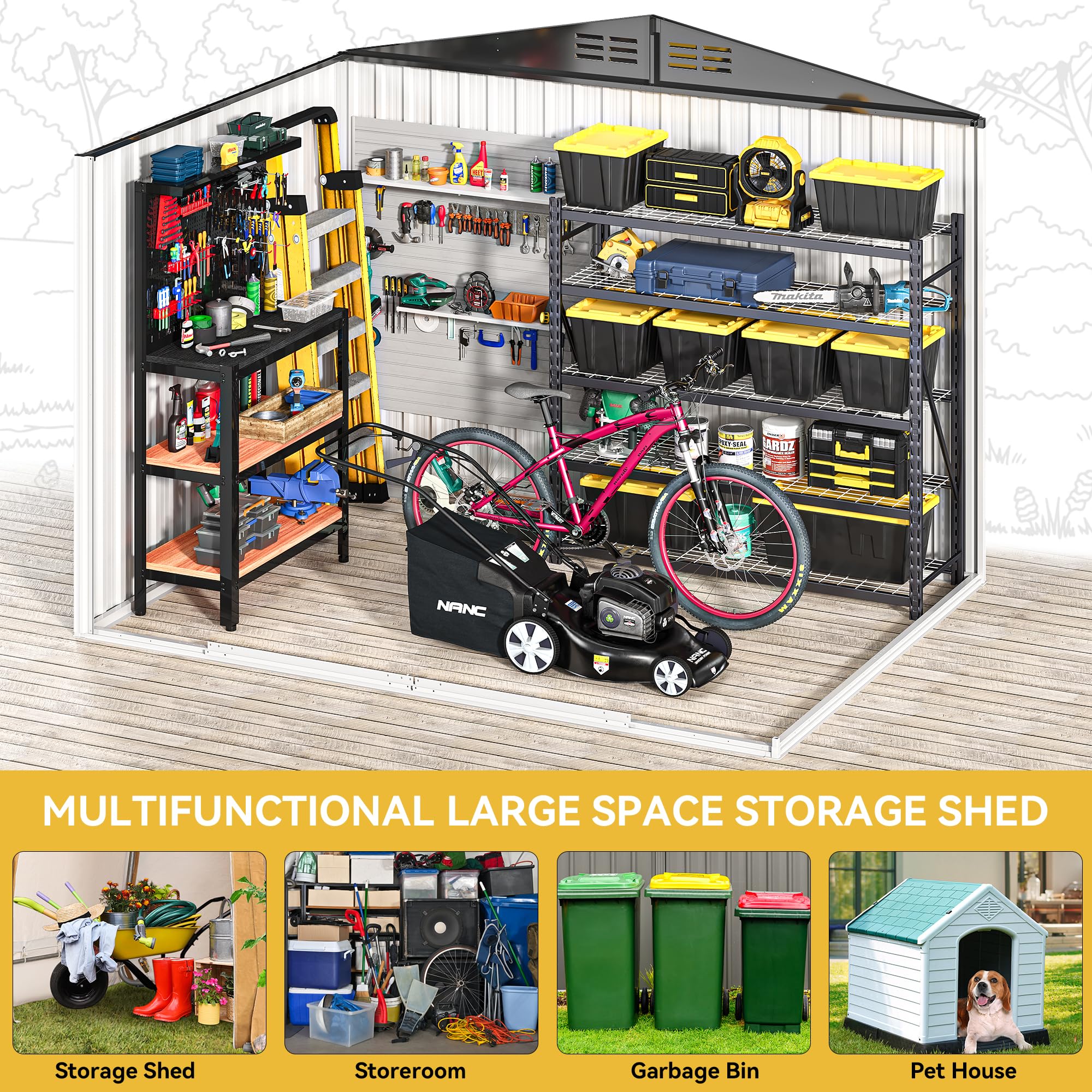 DWVO 8x6 FT Heavy Duty Outdoor Metal Storage Shed - Large Lockable Tool Shed with Air Vent for Backyard, Patio & Lawn - Perfect for Storing Bikes, Tools, Lawn Mowers & Outdoor Equipment | Durable Weatherproof Garden Storage Solution