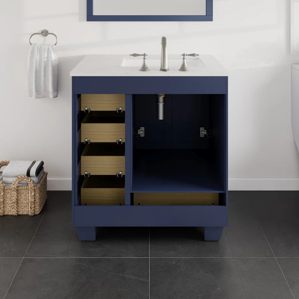 Eviva Acclaim 30 Inch Bathroom Vanity with Carrara Quartz Countertop - Modern White Bathroom Sink Cabinet for Small Spaces, Perfect for Powder Rooms and Guest Bathrooms