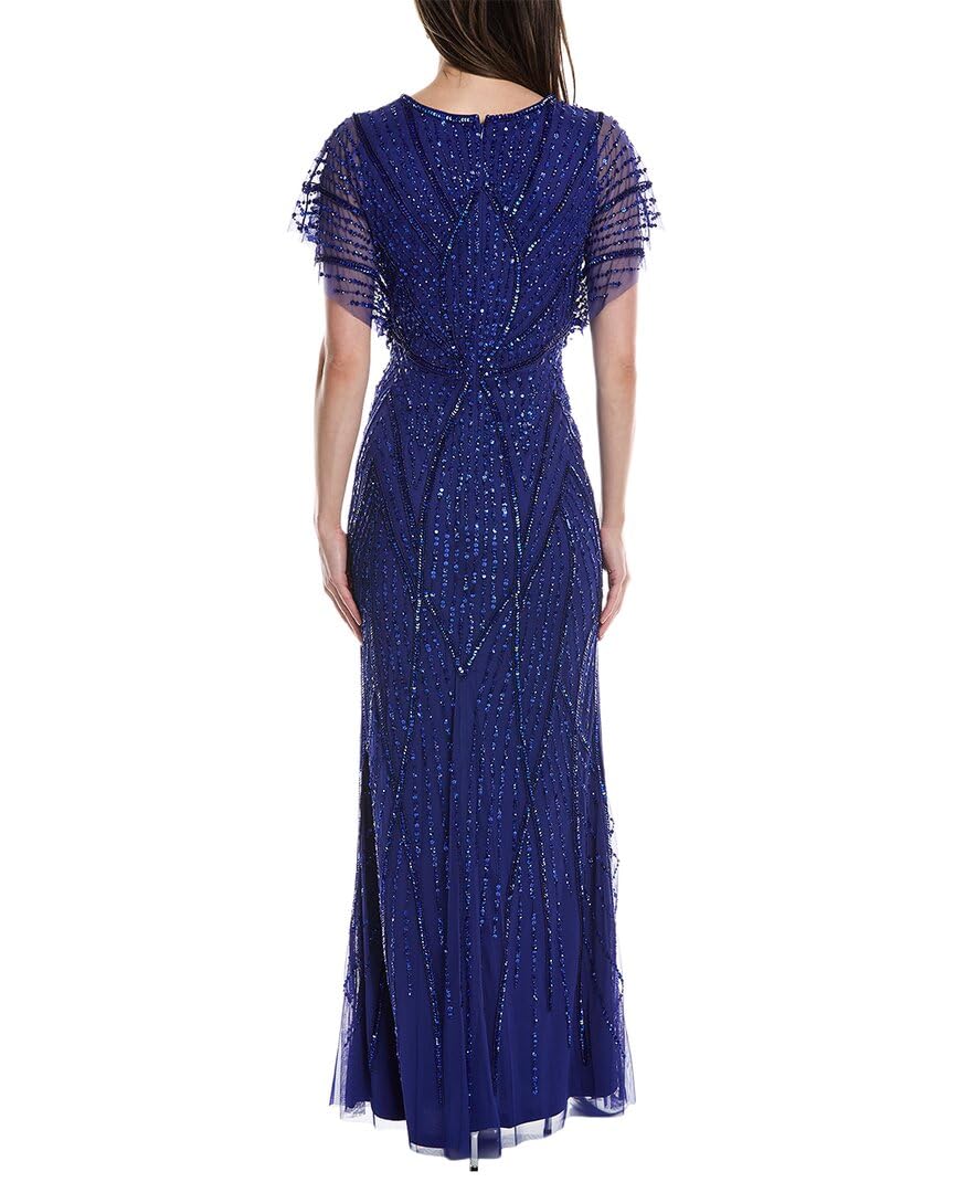 Adrianna Papell Women's Elegant V-Neck Beaded Mesh Overlay Evening Gown - Perfect for Prom, Gala, and Formal Events