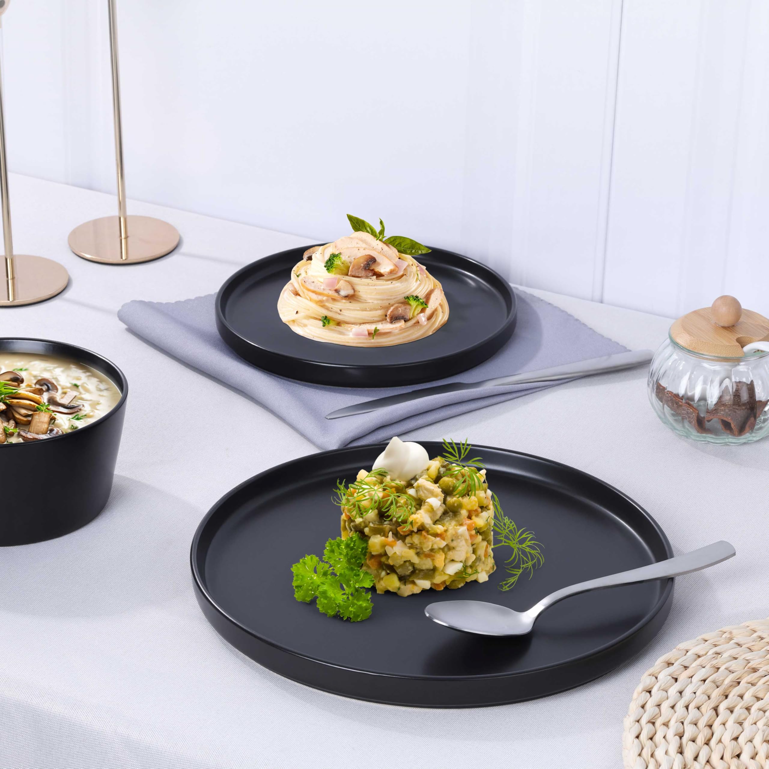 Herogo 18-Piece Stoneware Dinnerware Set for 6, Includes Dinner Plates & Bowls, Reactive Glaze Kitchen Dishes - Chip Resistant, Microwave & Dishwasher Safe, Matte Black - Perfect for Family Dinners, Restaurants, and Entertaining Guests
