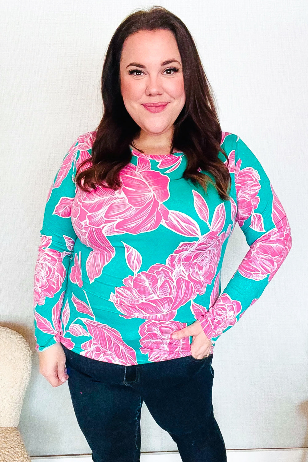 Find Love Aqua/Pink Fitted Floral Print Buttery Soft Knit Top | Women's Stretchy Comfortable Blouse for Casual Wear & Date Nights