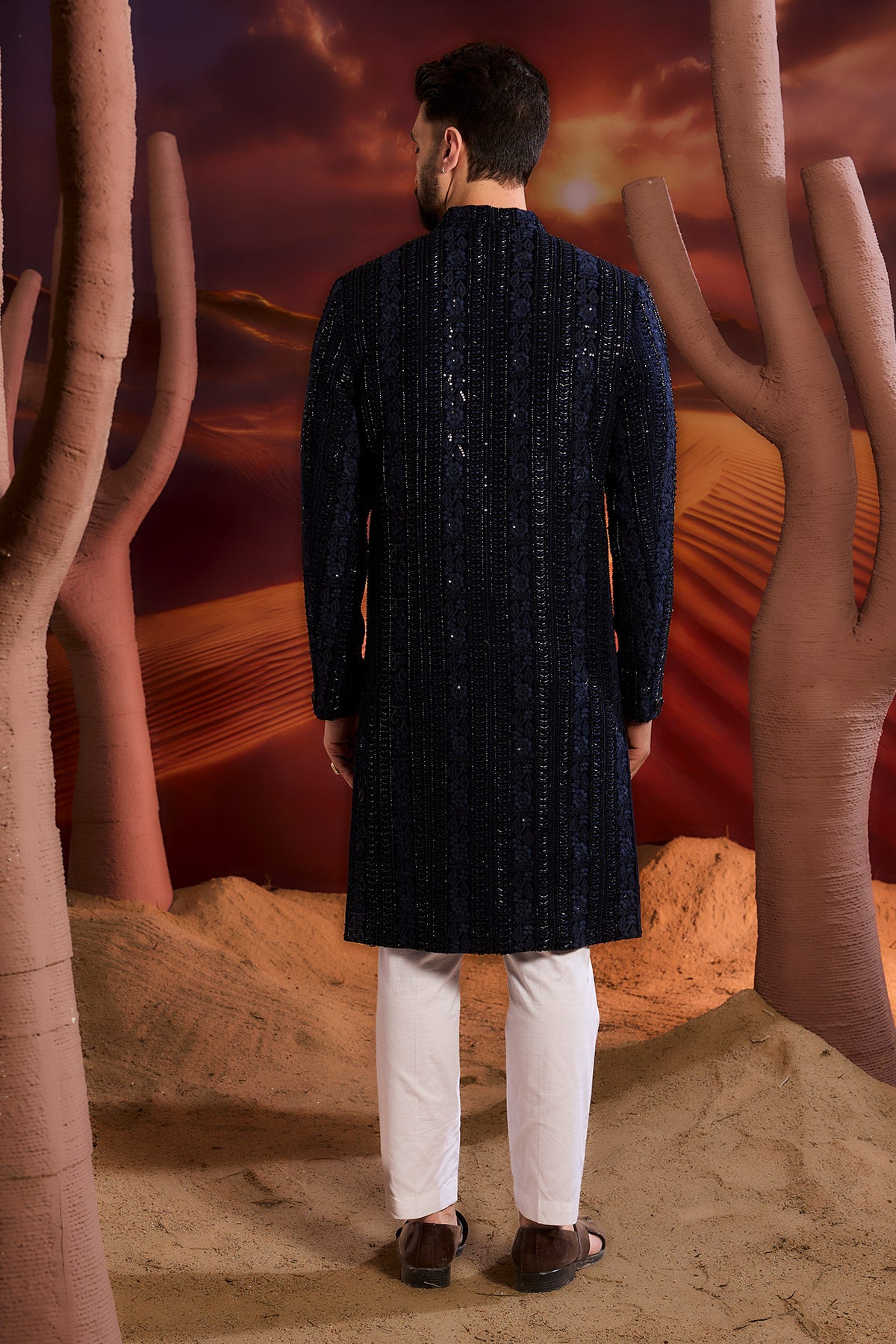 Elegant Navy Blue Sherwani for Men - Traditional Indian Wedding Attire with Intricate Cut Dana Embroidery - Perfect for Weddings, Festivals & Special Occasions