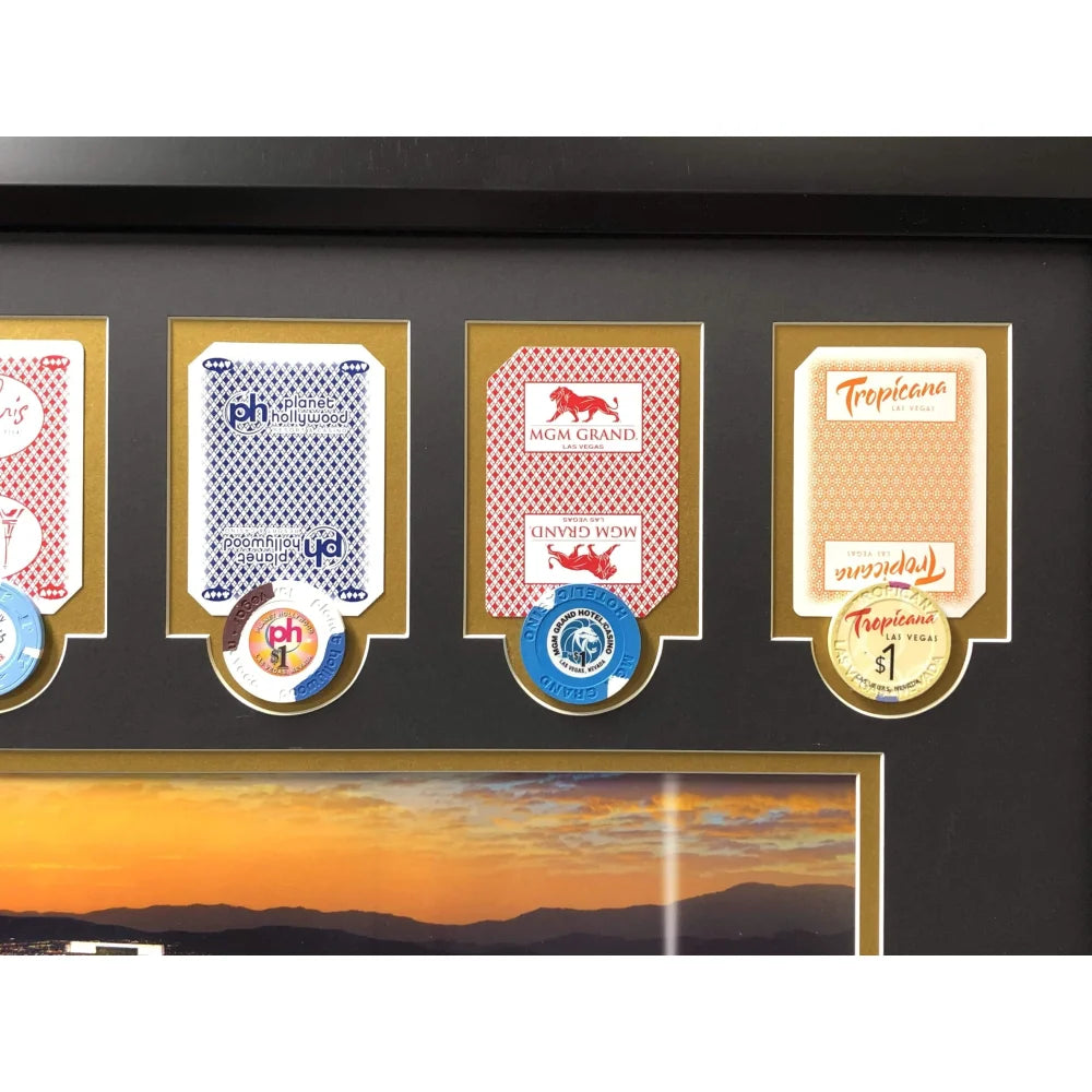 Authentic Las Vegas Hotel Casino Playing Cards & Poker Chips Collage - Framed Wall Art for Game Room Decor (Set of 10) - Perfect for Poker Lovers, Man Cave, and Casino Themed Home Decor