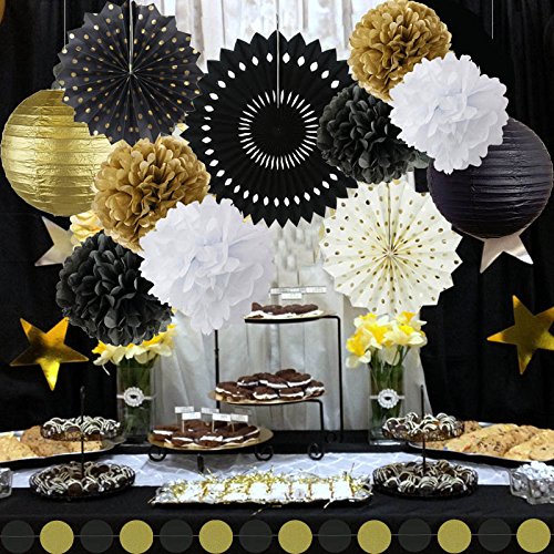 Gold Polka Dot Tissue Paper Fans & Pom Poms - New Year's Eve Party Decorations, Birthday Party Supplies, Bridal Shower Decor - Perfect for Home, Wedding, and Holiday Celebrations
