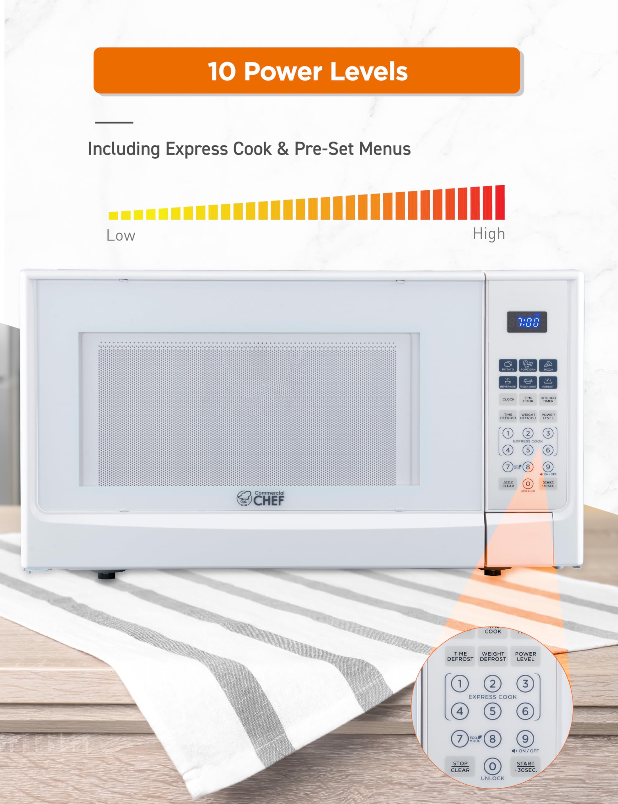 Commercial Chef 1.4 Cu Ft Countertop Microwave - 1100W with 10 Power Levels, Digital Control Panel & Timer, Push Button Operation (White) - Perfect for Small Kitchens, Dorms, Offices & RVs