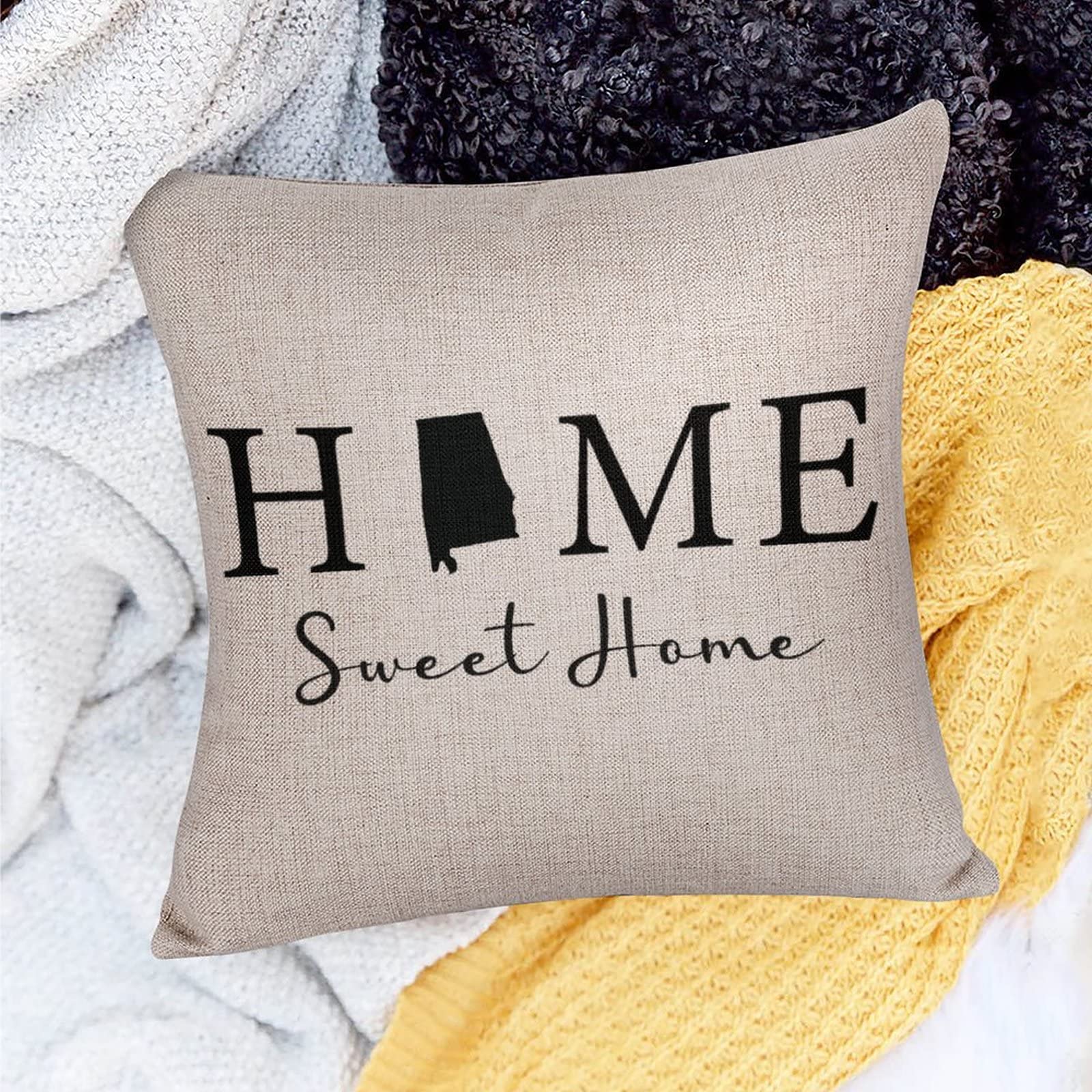 Alabama State Map Linen Throw Pillow Covers 20x20 Inches - Farmhouse Home Sweet Home Decorative Cushion Covers for Living Room, Bedroom & Sofa - Cozy Southern Style Home Decor