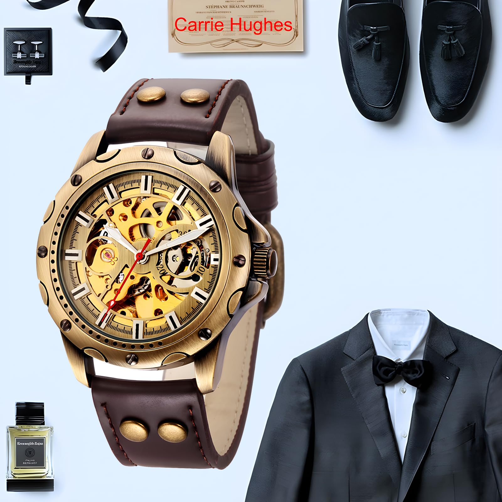 Steampunk Vintage Bronze Automatic Watch for Men - Genuine Leather Strap CH523 | Perfect for Cosplay, Gothic Fashion & Retro Style Outfits