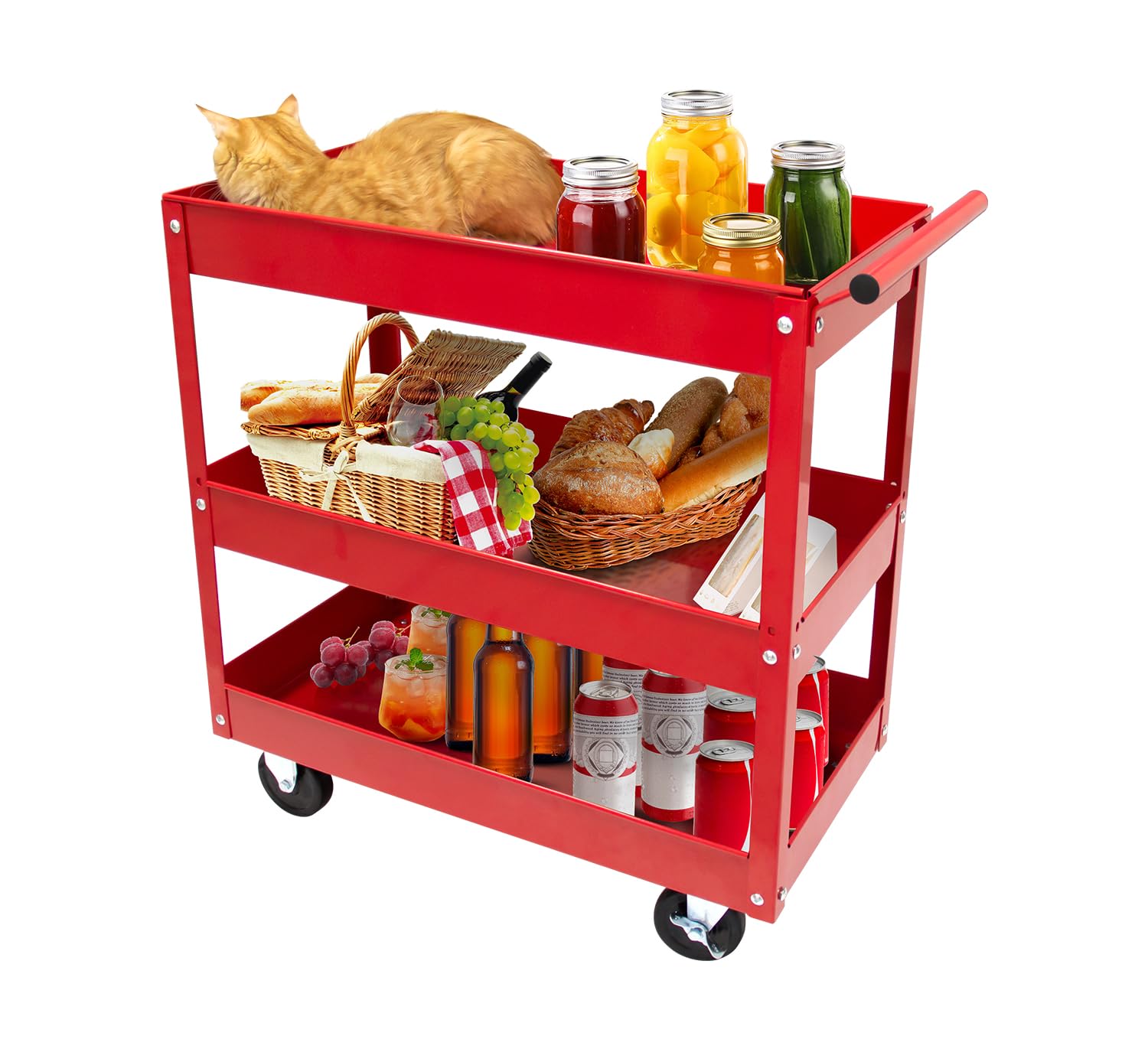 3-Tier Stainless Steel Utility Cart with Wheels - 400 lbs Capacity Metal Service Cart for Garage, Warehouse & Workshop | Heavy-Duty Rolling Cart for Storage, Organization & Mobility