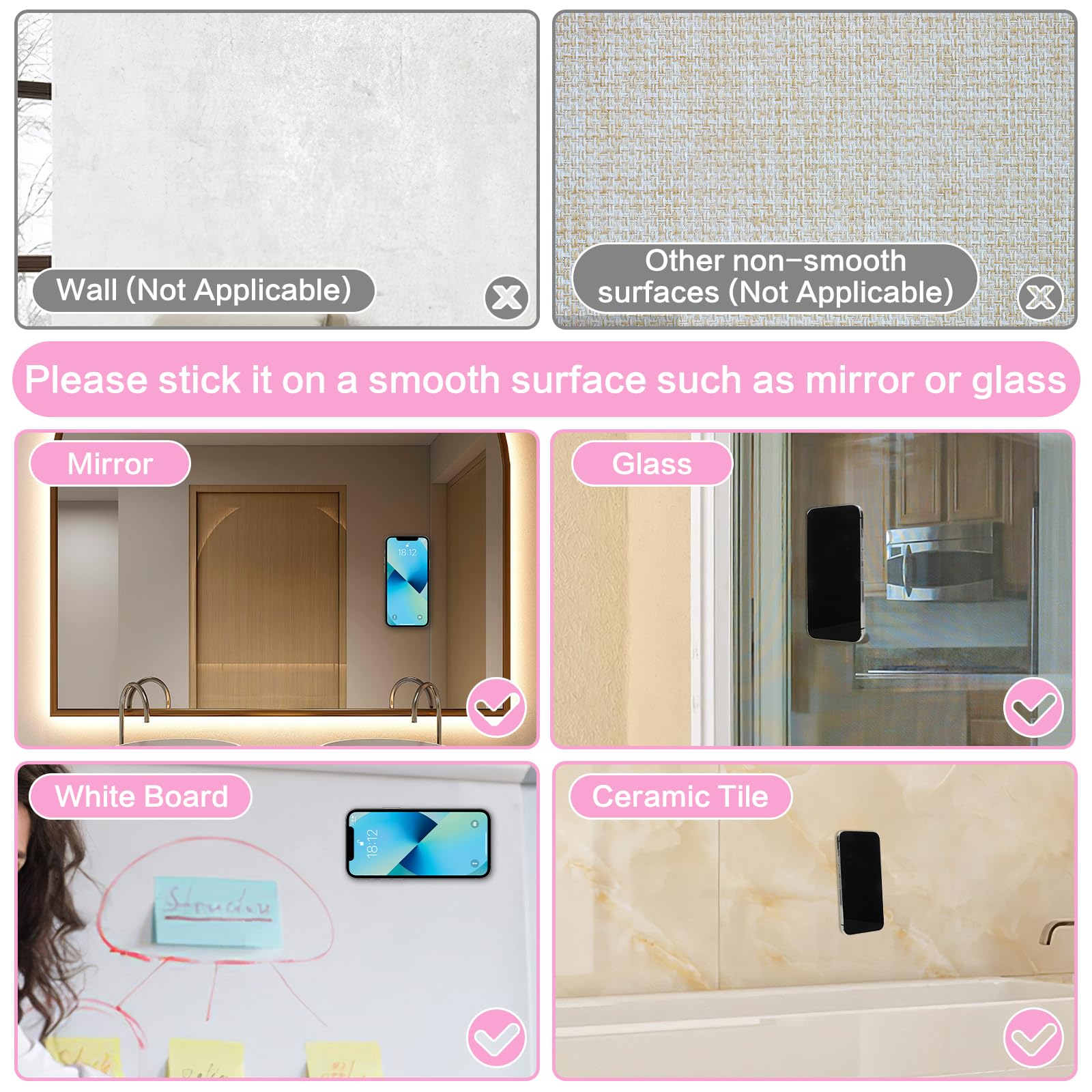 2PCS Non-Slip Silicone Suction Cup Phone Holder, Clear & Pink Sticky Grip for Hands-Free Shower Mirror Mount, Fidget Mirror for Selfies & Videos, Perfect for Bathroom, Car, and Home Use