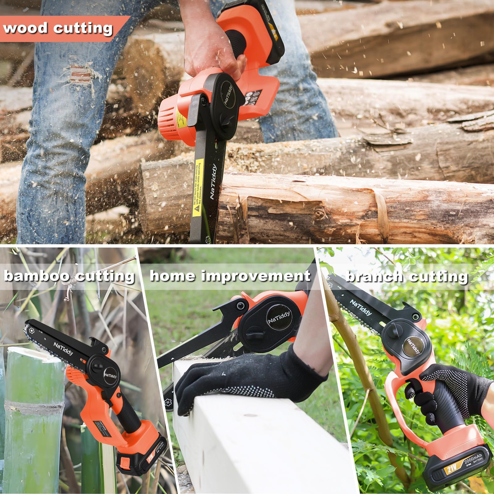 6-Inch Cordless Mini Chainsaw with 2 Batteries & Chains - Battery Powered Electric Hand Saw for Wood Cutting, Tree Trimming, Branch Pruning & Yard Maintenance (Orange) - Perfect for DIY Projects, Gardening & Outdoor Landscaping