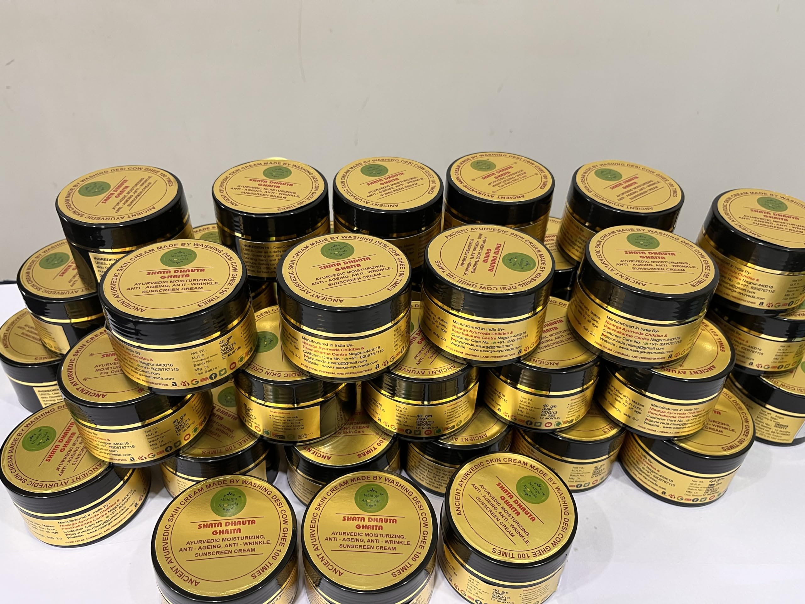 Shata Dhouta Ghrita 100 Times Washed Cow Ghee Face Cream - Daily Moisturizer with Sunscreen, Anti-Aging & Anti-Wrinkle Benefits for Face & Skin Care - Pack of 4 (40g x 4) - Perfect for Daily Skincare Routine & Natural Anti-Aging Treatment