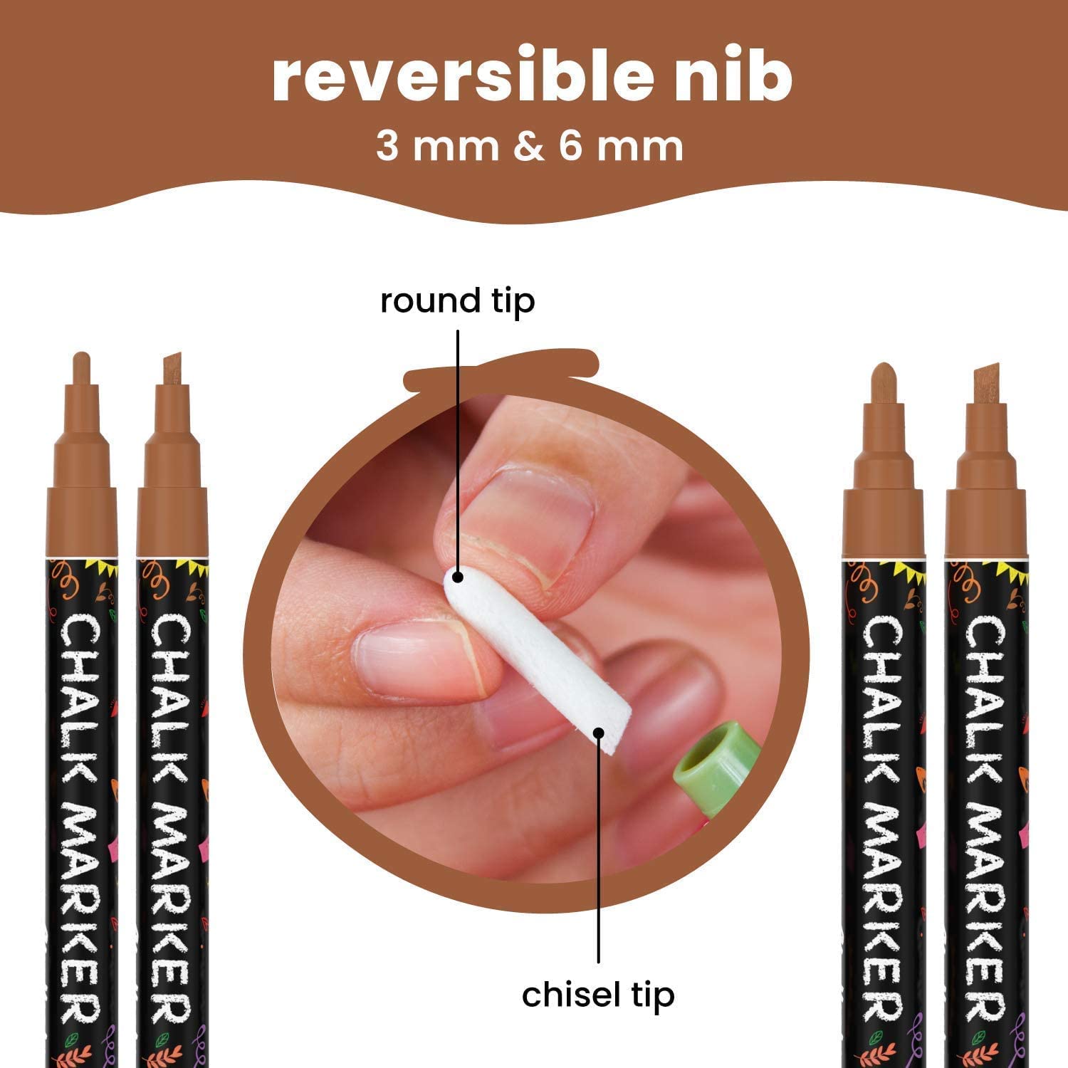 Premium 5-Pack Brown Chalk Markers with Metallic Finish - Ideal for Chalkboard Art, DIY Projects, and Restaurant Menu Boards
