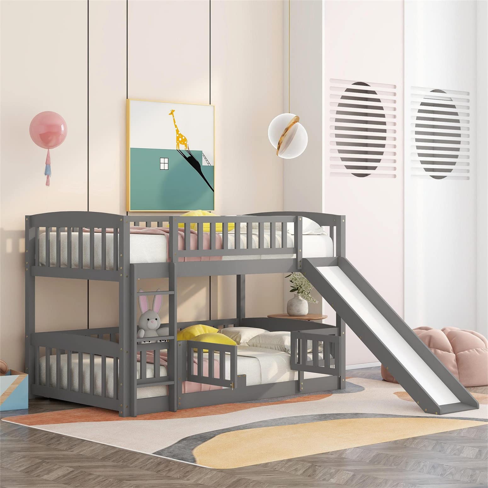 Harper & Bright Designs Twin Over Twin Low Bunk Bed with Slide - Wooden Floor Bunk Bed Frame with Safety Rails for Kids, Toddlers, Boys & Girls - Space Saving Kids Bedroom Furniture (Gray) - Perfect for Small Rooms, Shared Kids Bedrooms & Sleepovers