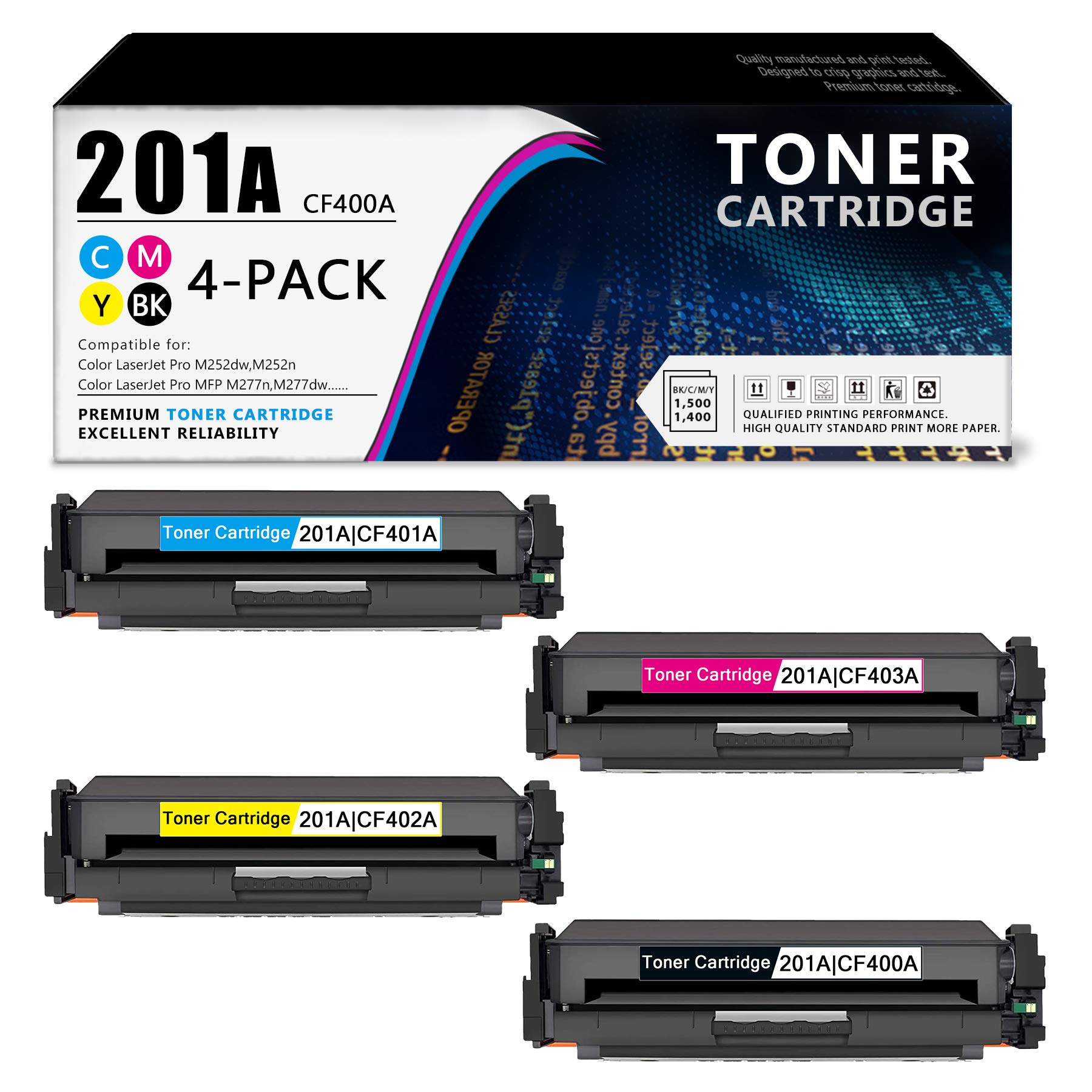 4-Pack (1BK+1C+1M+1Y) 201A | CF400A CF401A CF402A CF403A Compatible Toner Cartridge Replacement for HP Color LaserJet Pro M252dw/M252n & MFP M277c6/M274n Printers - High-Quality Printing for Home Office & Small Business Documents