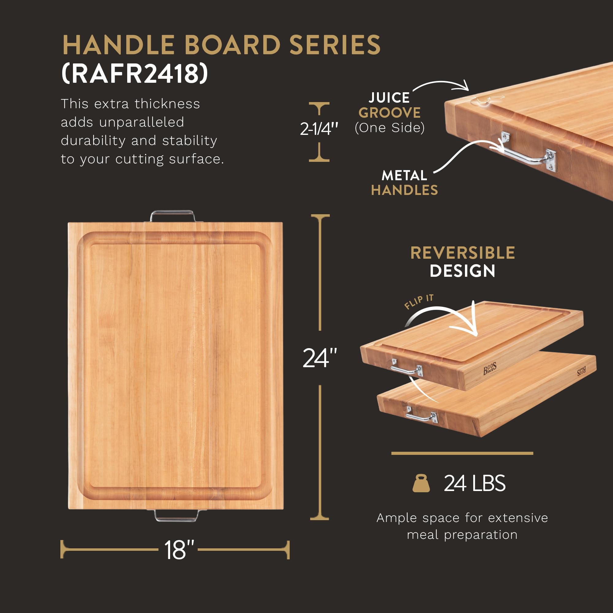 Premium John Boos Block Large Reversible Maple Wood Cutting Board with Metal Handles - 24