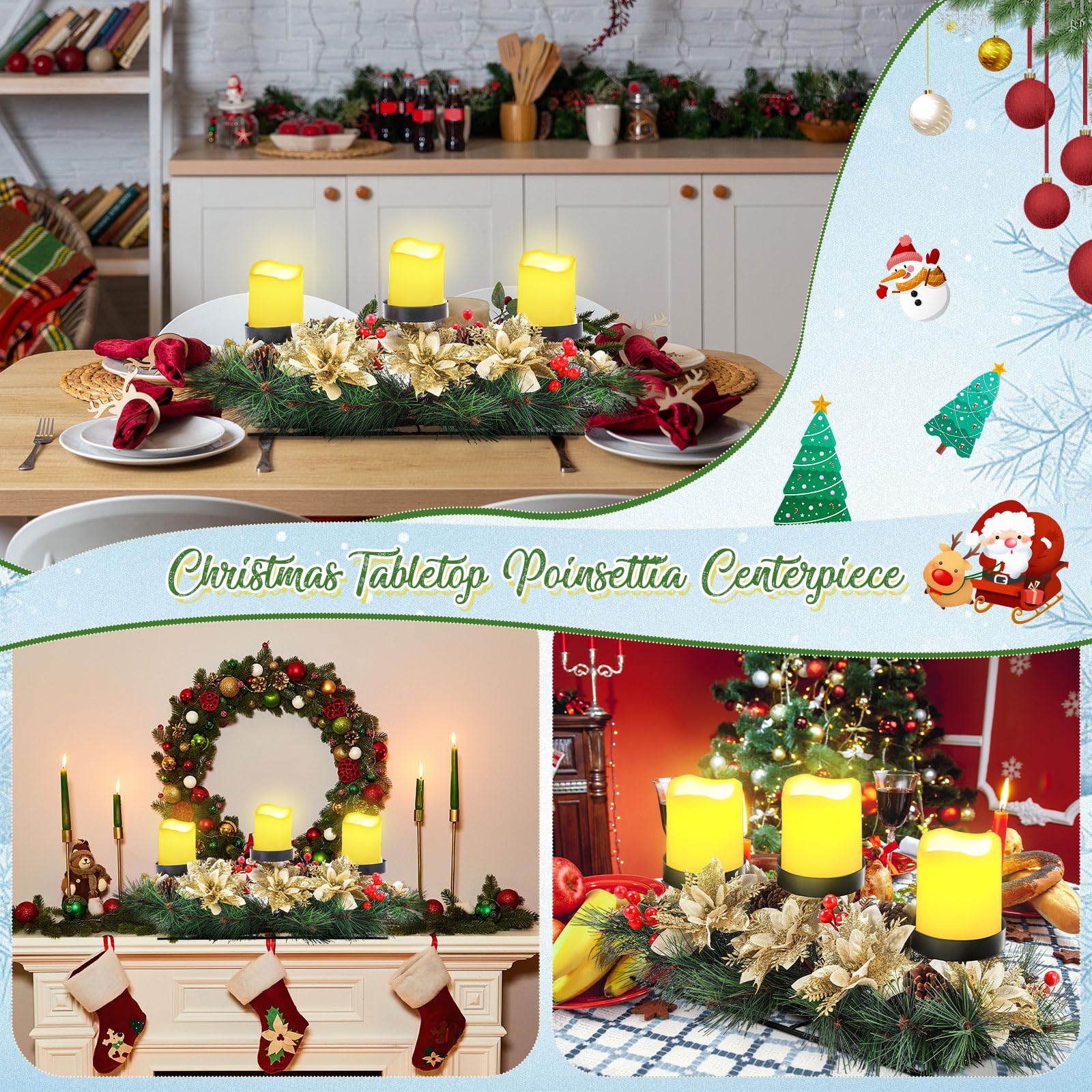 17 Inch Gold Artificial Christmas Candle Holder Centerpiece with 3 Ivory White Flameless Flickering Candles - Remote Control & Timer - Holiday Table Decor for Christmas Party, Dining Room, Fireplace Mantel
