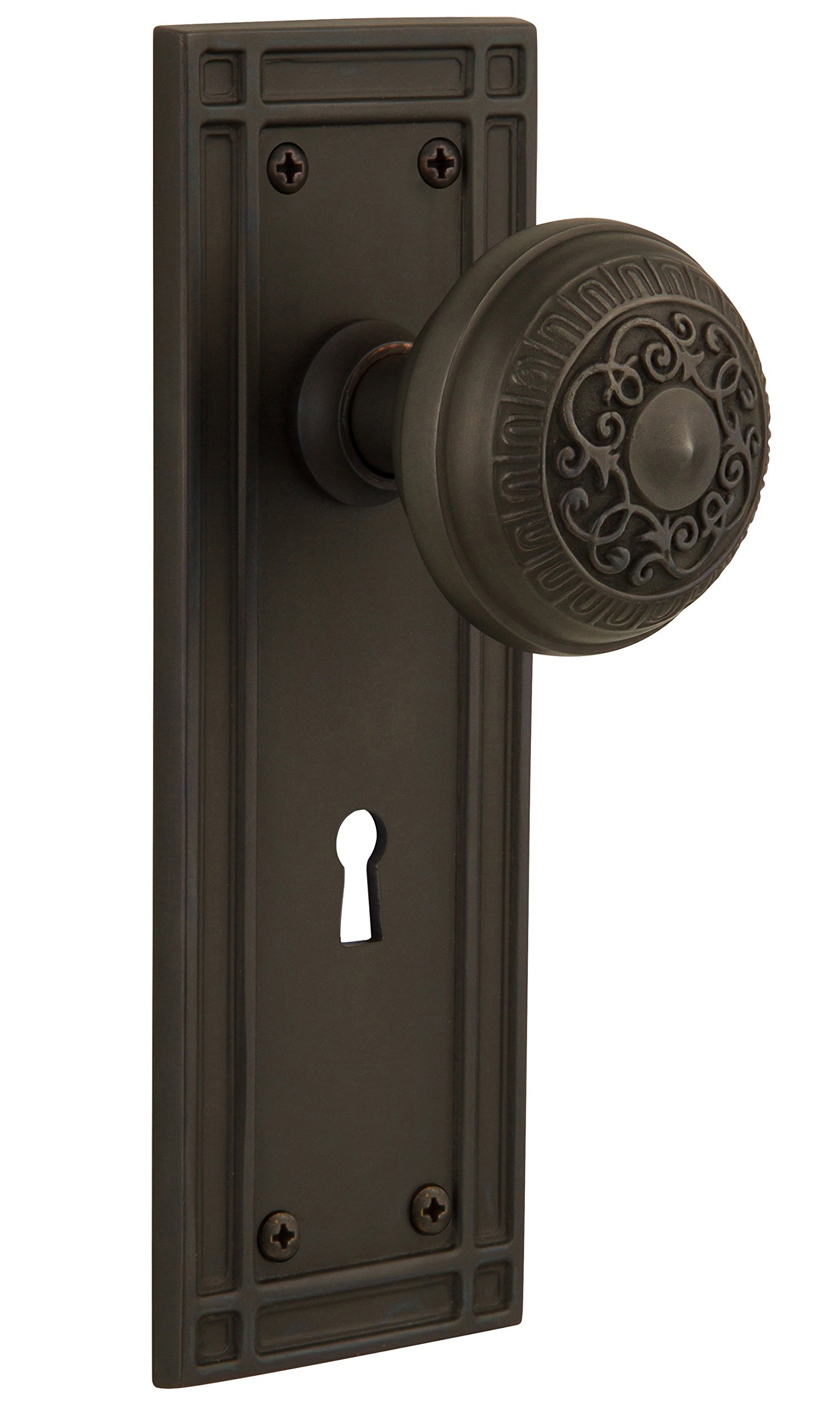 Vintage Mission Style Door Plate with Keyhole & Egg and Dart Knob - Double Dummy Design in Oil-Rubbed Bronze Finish | Perfect for Craftsman, Bungalow & Historic Home Restoration Projects