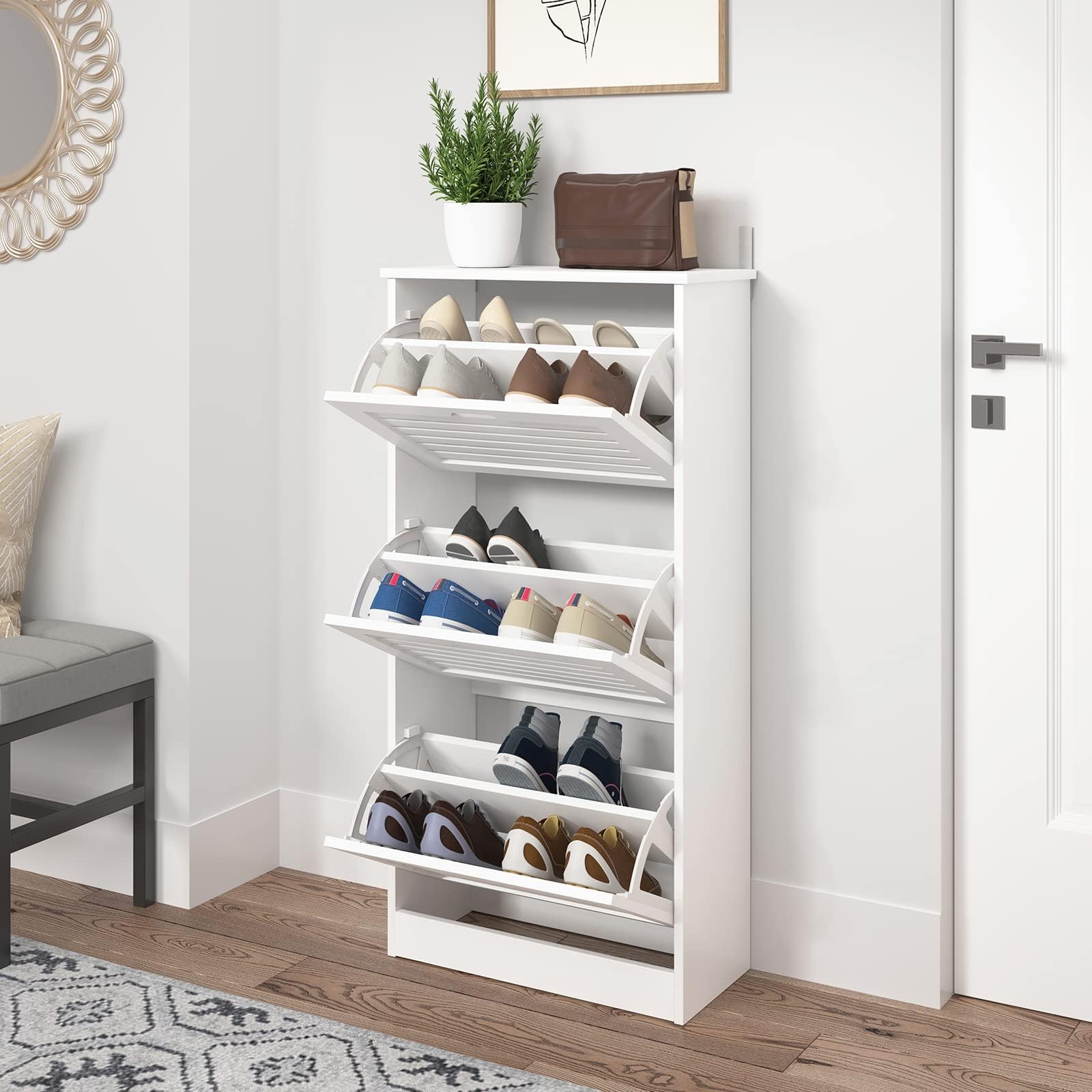 Modern White Shoe Storage Cabinet with 3 Flip Louvered Doors & Adjustable Shelf - Entryway Hallway Organizer for Shoes, Hats & Accessories | Perfect for Small Spaces, Apartments & Mudrooms