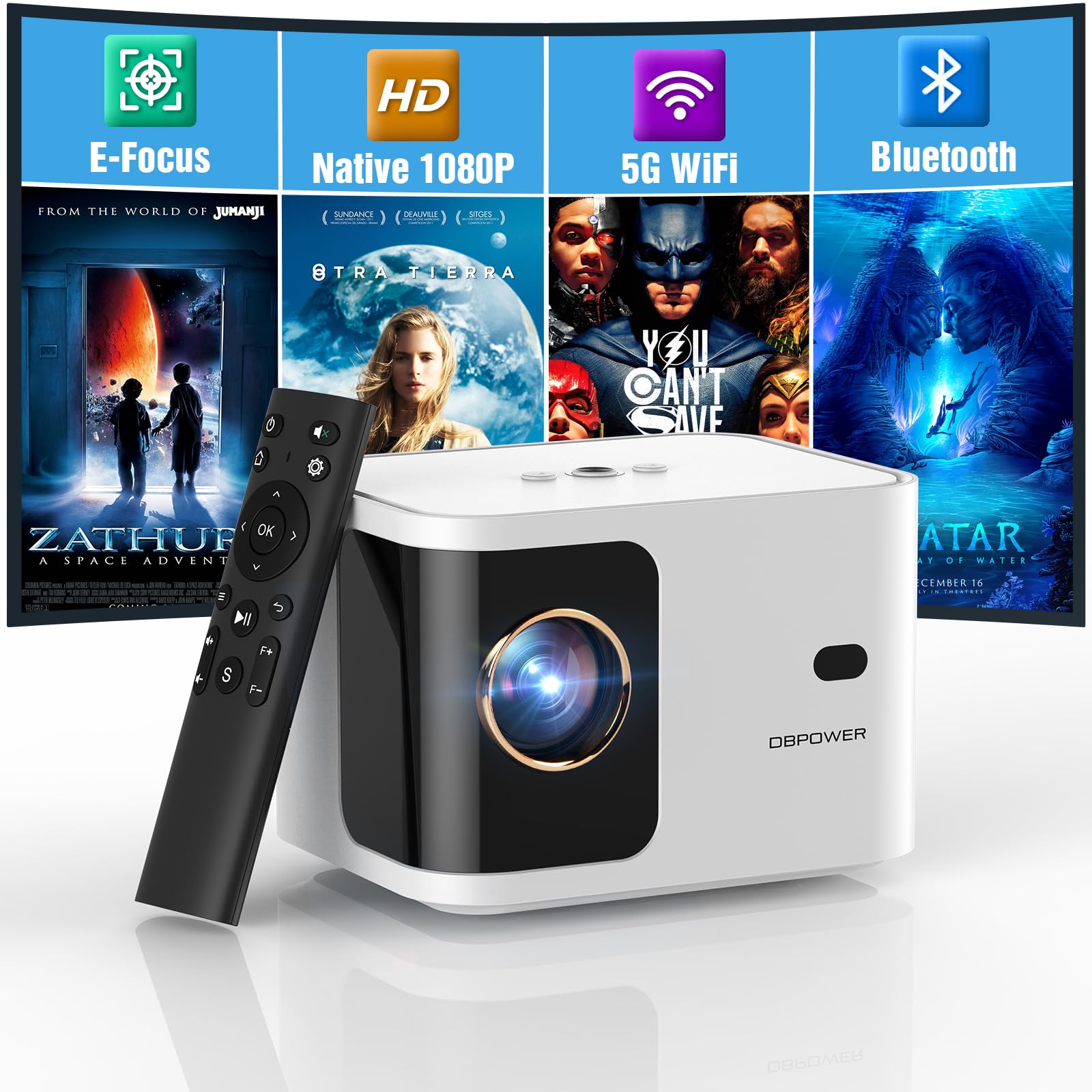 DBPOWER 5G WiFi Mini Bluetooth Projector 4K Support, 300 ANSI Lumens HD 1080P Portable Video Projector with ±40° Vertical Keystone, Zoom & Timer - Smartphone Compatible Outdoor Movie Projector for Home Theater, Camping, and Backyard Entertainment (White)