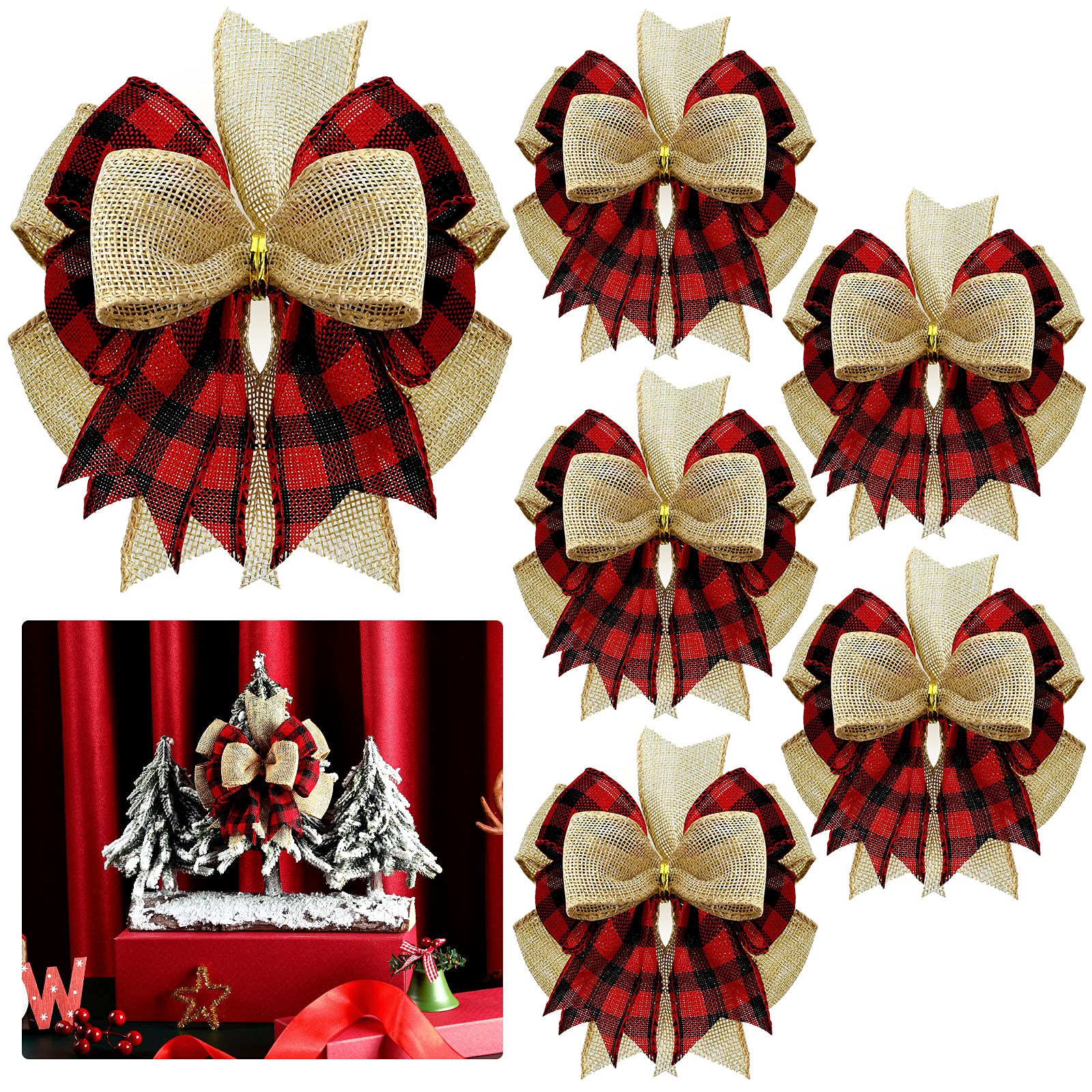 Christmas Buffalo Plaid Bows 6-Pack - Wreath & Tree Decor for Xmas, Weddings