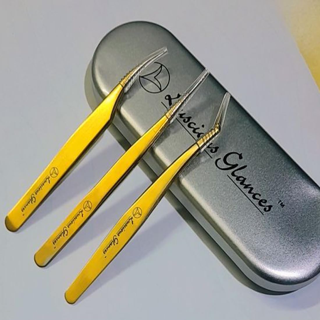 Premium 3-Piece Eyelash Extension Tweezers Set - Golden Volume, Precision Straight & Curved Tweezers with Metal Storage Box | Professional Lash Tools for Salon & Home Use