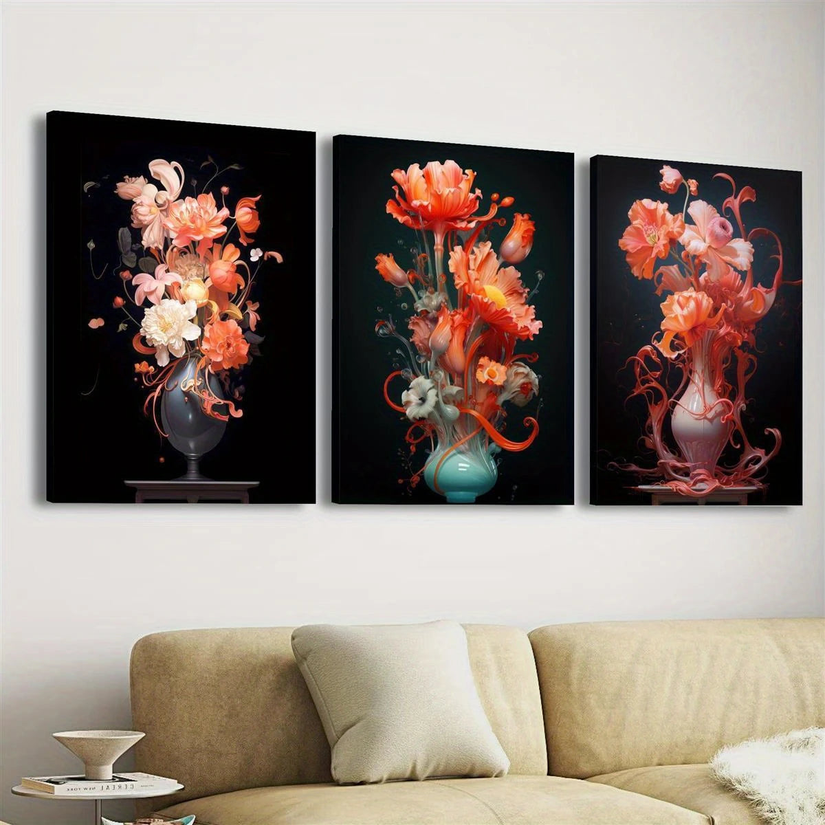 3-Piece Abstract Botanical Floral Vase Metal Wall Art - Ready to Hang Flower Prints for Home & Office Decor - Perfect for Living Room, Bedroom, or Gift Giving