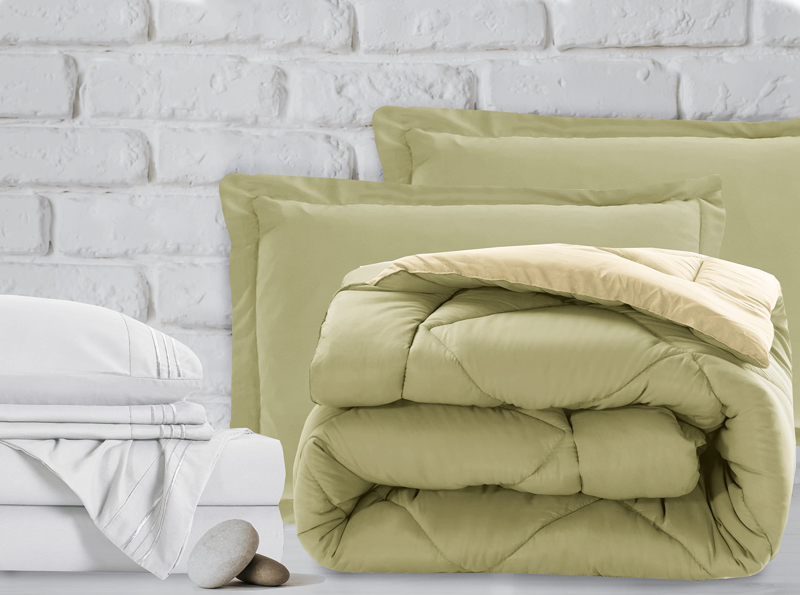 Luxury 7-Piece Twin Size Bed in a Bag Set - 1500 Thread Count Comforter & Sheet Collection, Ultra Soft, Wrinkle & Stain Resistant, Sage Green & Cream - Perfect for Guest Rooms, Dorms & Cozy Bedrooms