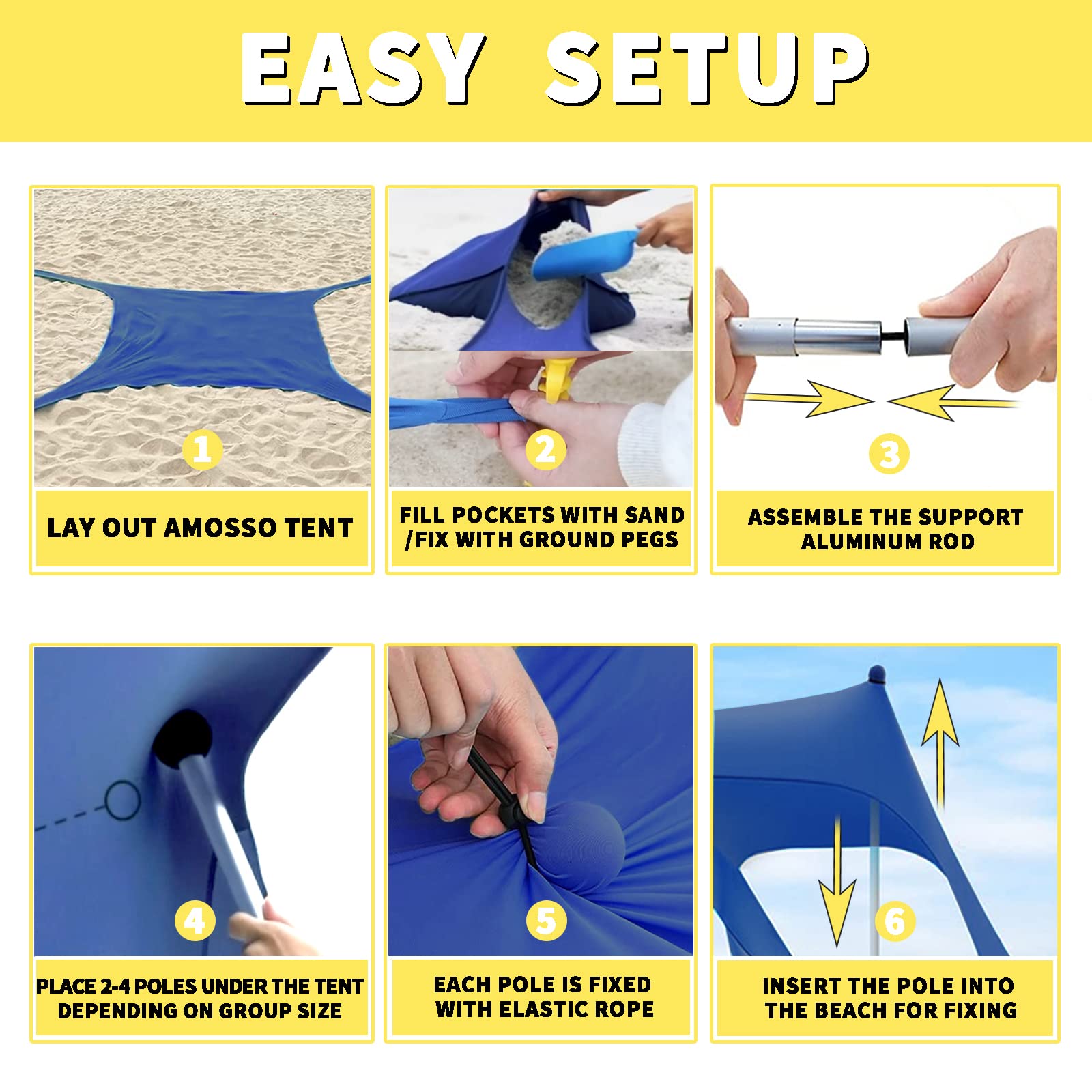 AMOSSO 10x10FT Pop Up Beach Tent with UPF50+ Sun Protection - Portable Sun Shelter with 4 Aluminum Poles, 8 Elastic Ropes & Sand Shovel - Perfect for Camping, Fishing, Backyard & Beach Days (Royal Blue)