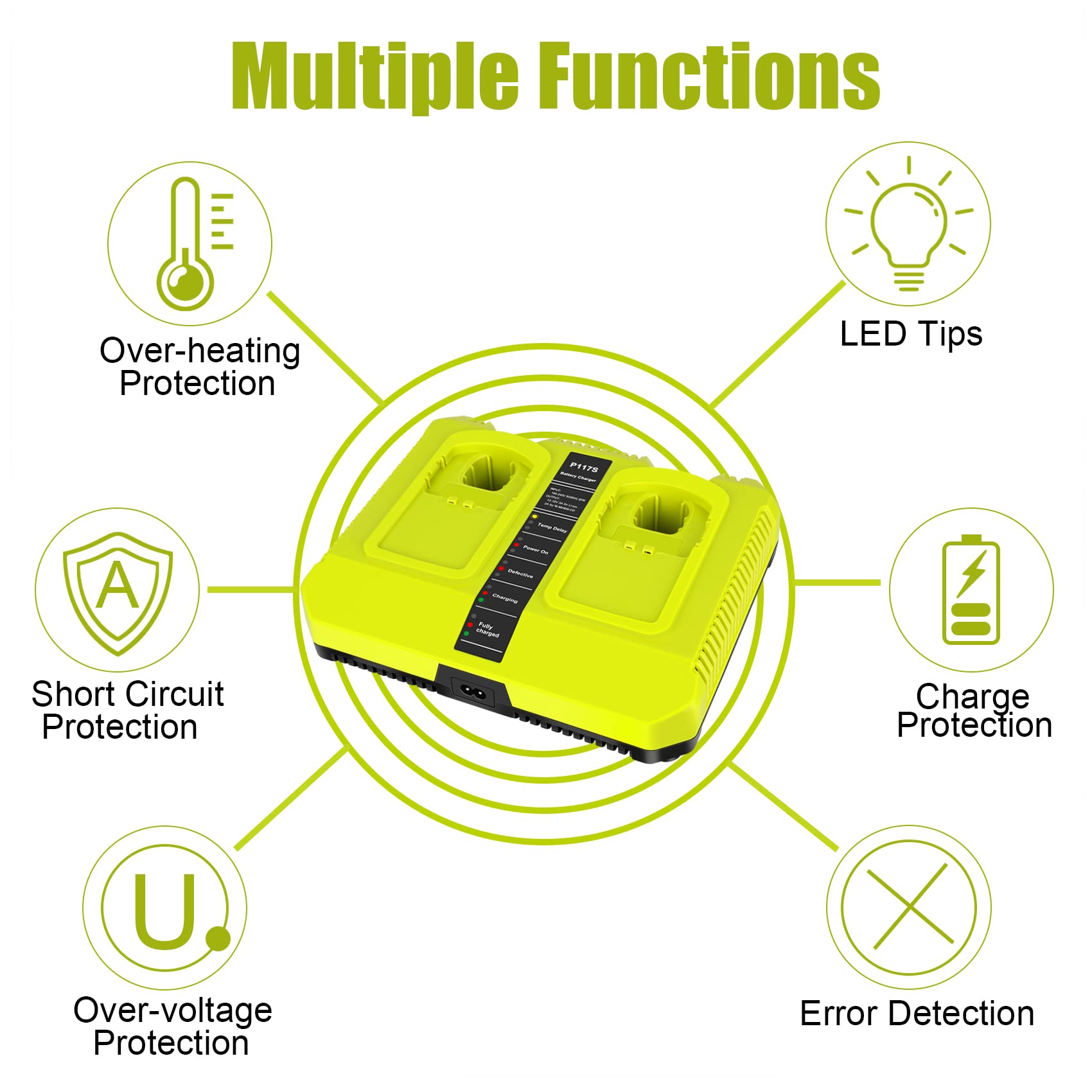 18V Fast Charger for Ryobi One+ 18V Batteries - P117 Dual Slot Charger Compatible with P102 P108 P100 P103 P105 P107 P189 P197 P190 PBP005 - Ideal for Power Tools, Drills, and Outdoor Equipment